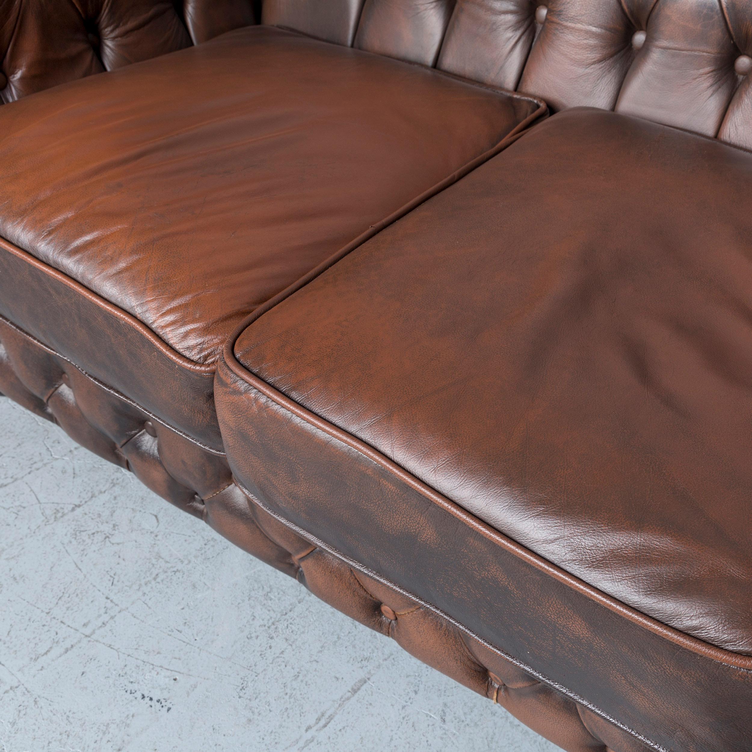 Chesterfield Leather Sofa Brown Three-Seat Armchair Set Vintage Retro 1