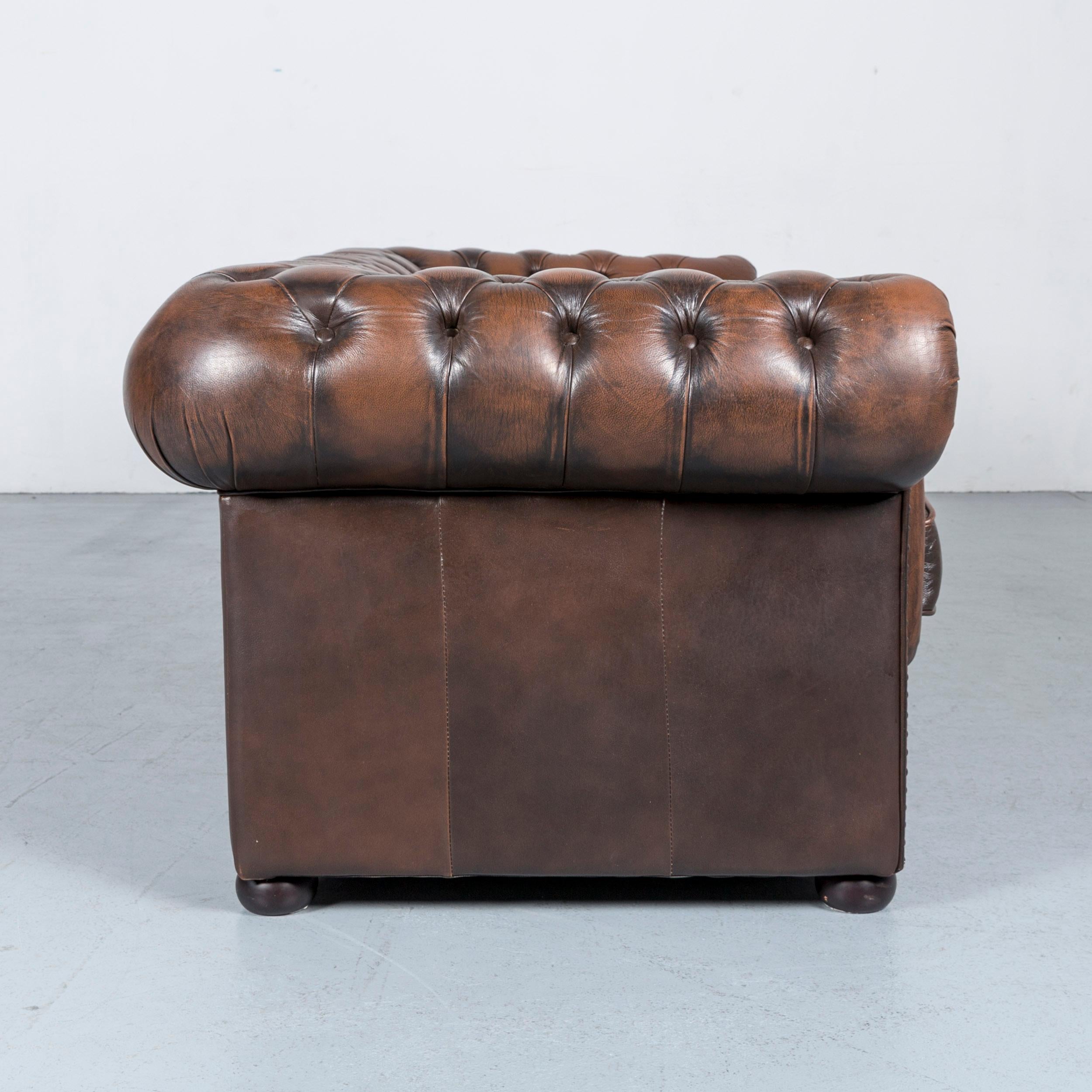 Chesterfield Leather Sofa Brown Three-Seat Armchair Set Vintage Retro 3