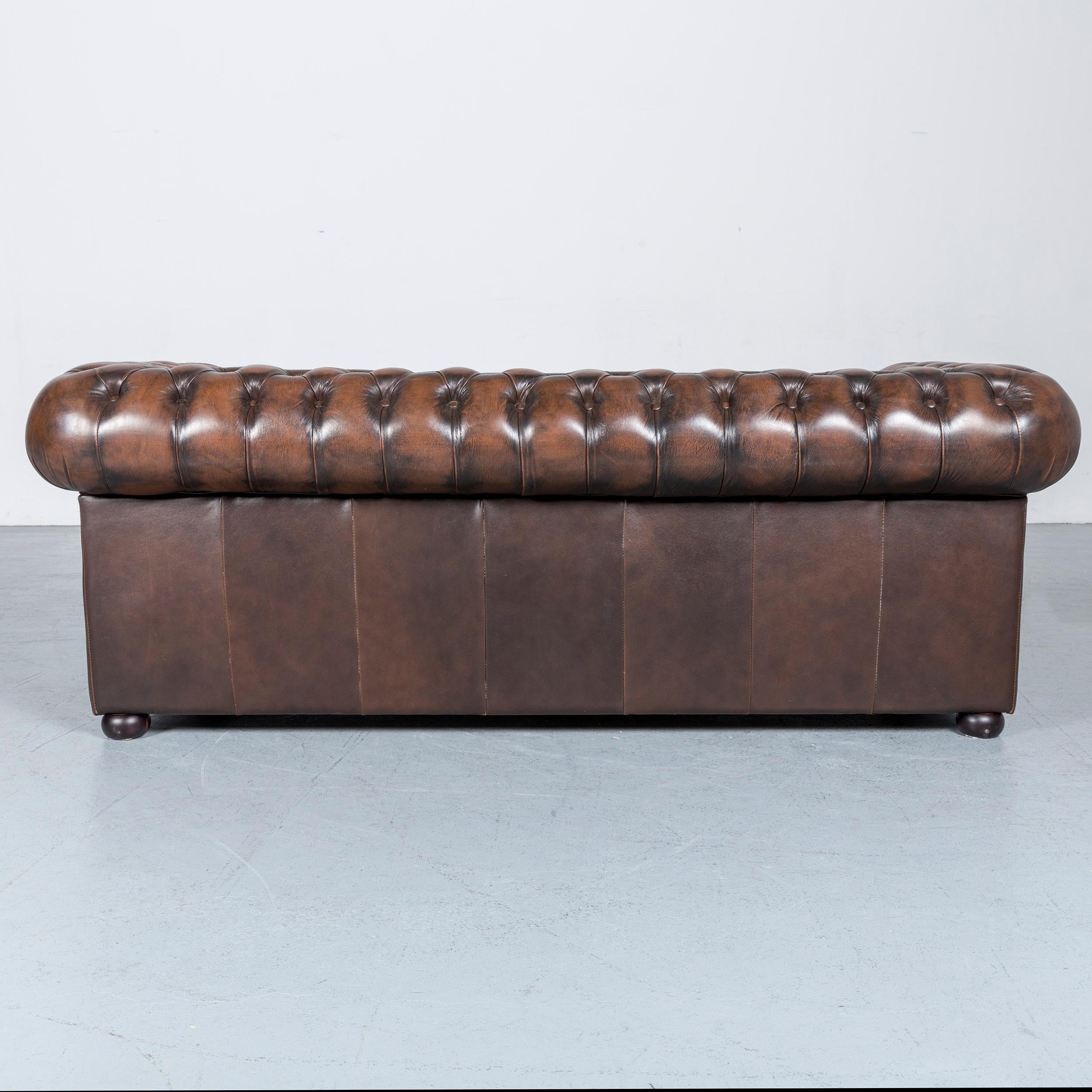 Chesterfield Leather Sofa Brown Three-Seat Armchair Set Vintage Retro 4