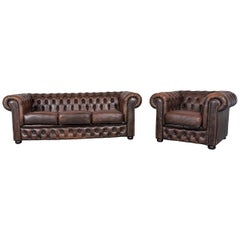 Chesterfield Leather Sofa Brown Three-Seat Armchair Set Vintage Retro
