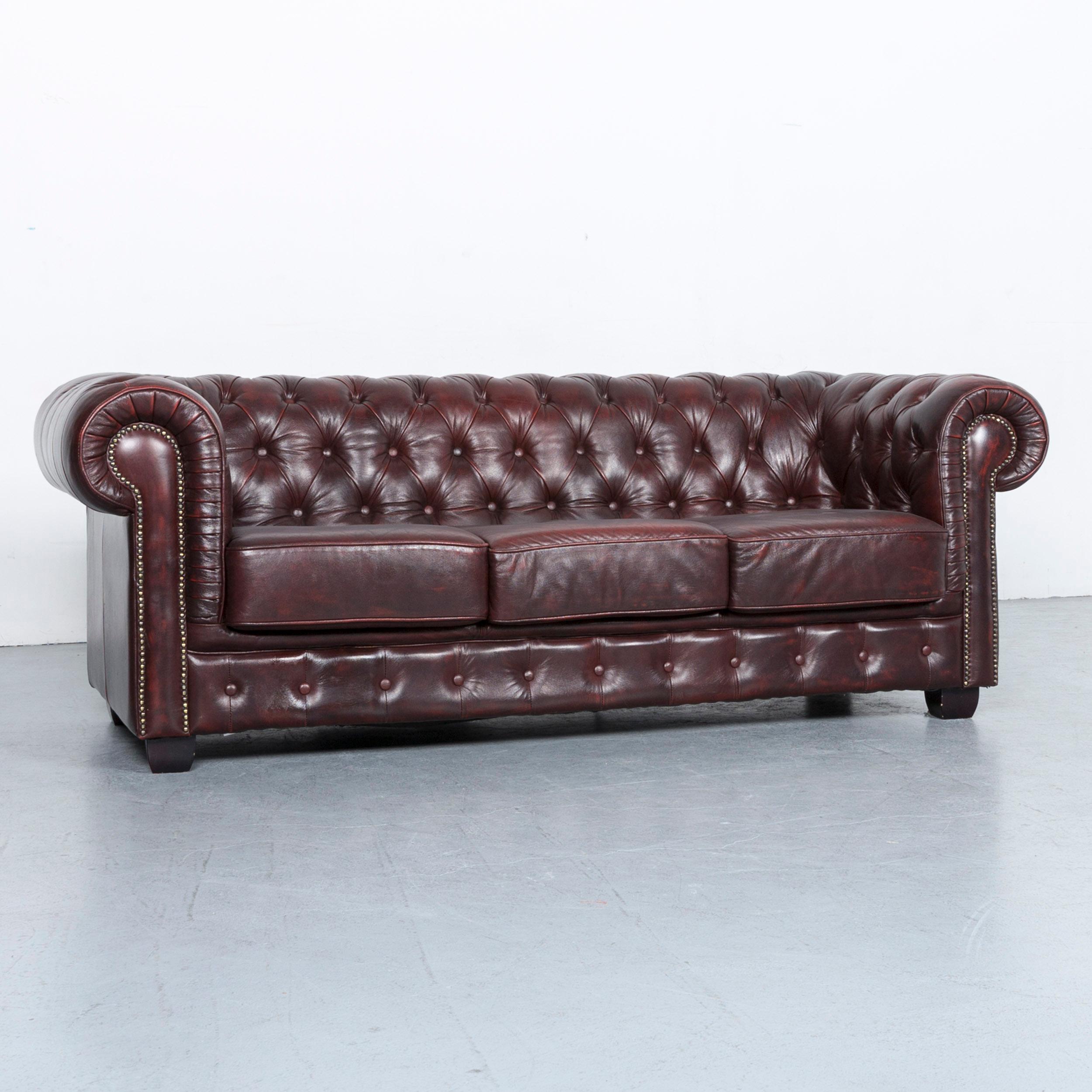 British Chesterfield Leather Sofa Brown Three-Seat Couch Vintage Retro