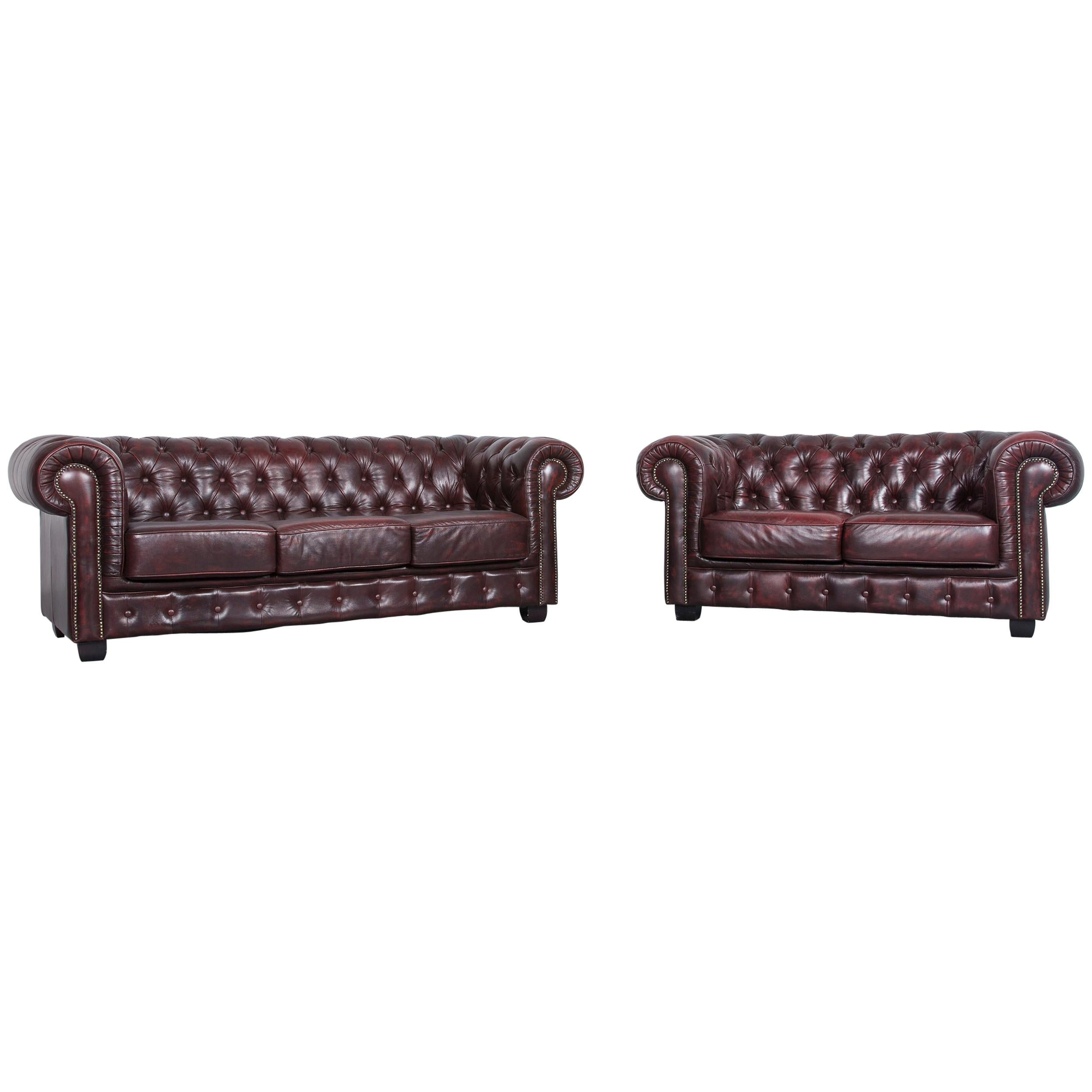 Chesterfield Leather Sofa Brown Three-Seat Couch Vintage Retro