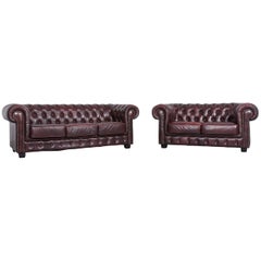 Chesterfield Leather Sofa Brown Three-Seat Couch Vintage Retro