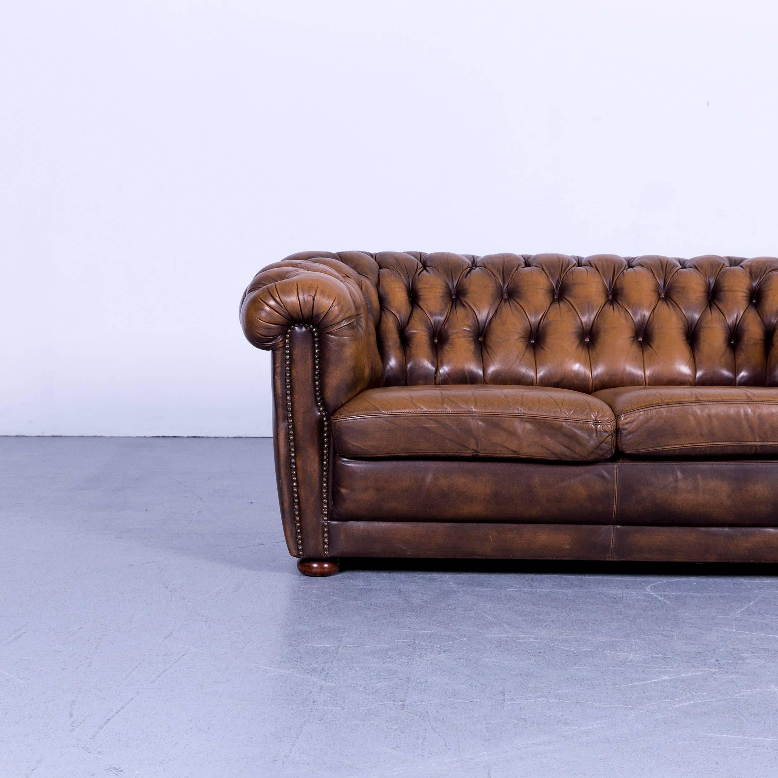 British Chesterfield Leather Sofa Brown Two-Seat Couch For Sale