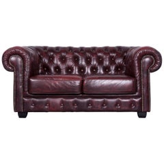 Chesterfield Leather Sofa Brown Two-Seat Couch Vintage Retro