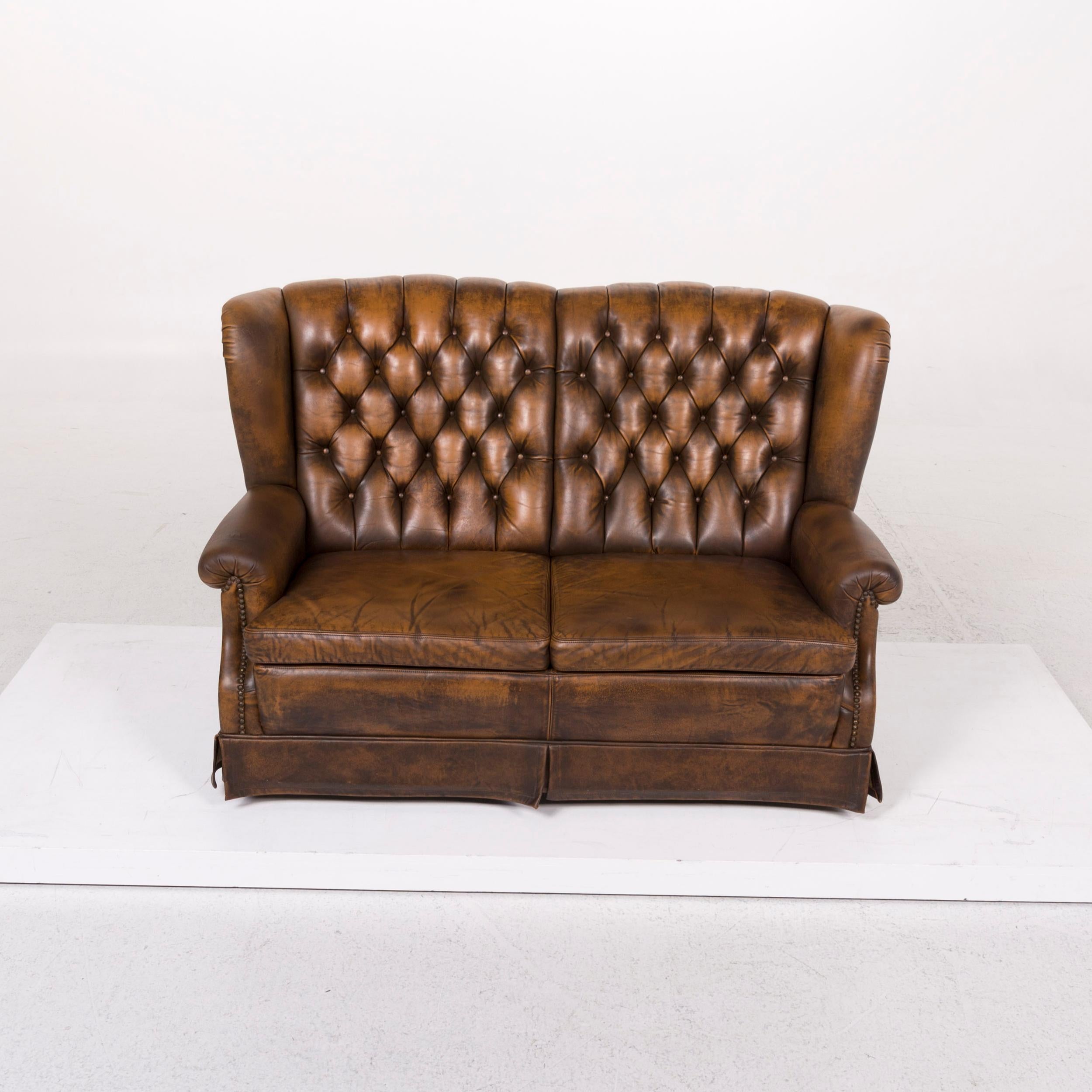 British Chesterfield Leather Sofa Brown Two-seat For Sale