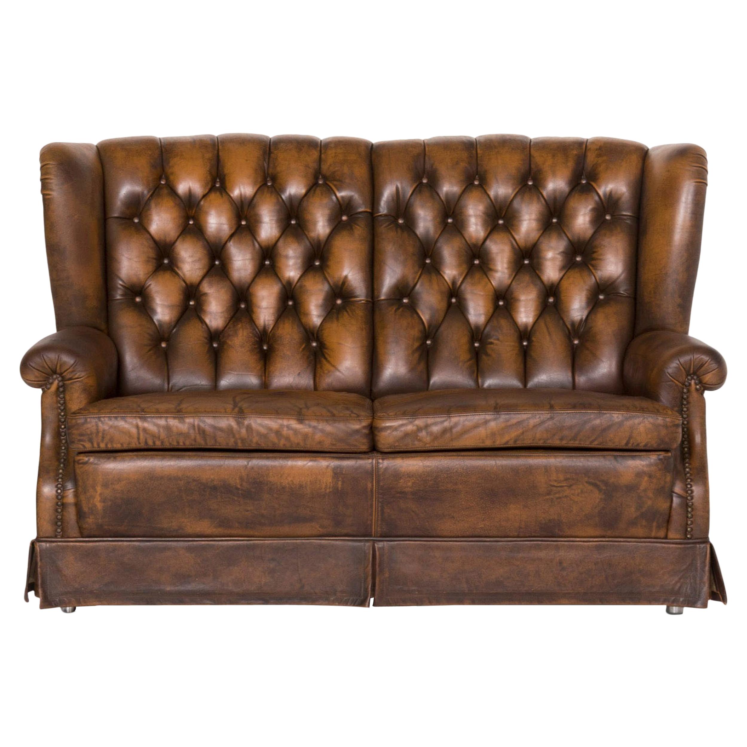 Chesterfield Leather Sofa Brown Two-seat For Sale
