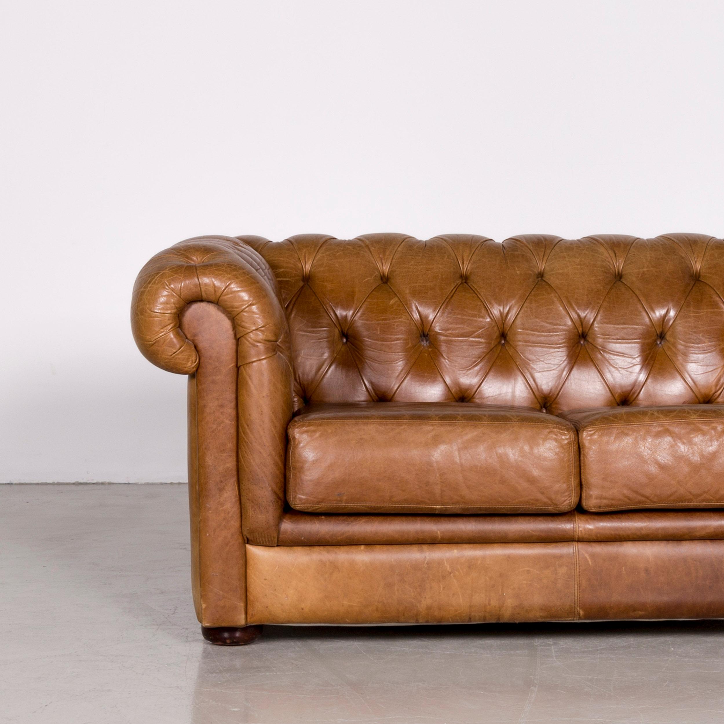 British Chesterfield Leather Sofa Brown Vintage Two-Seat Couch For Sale