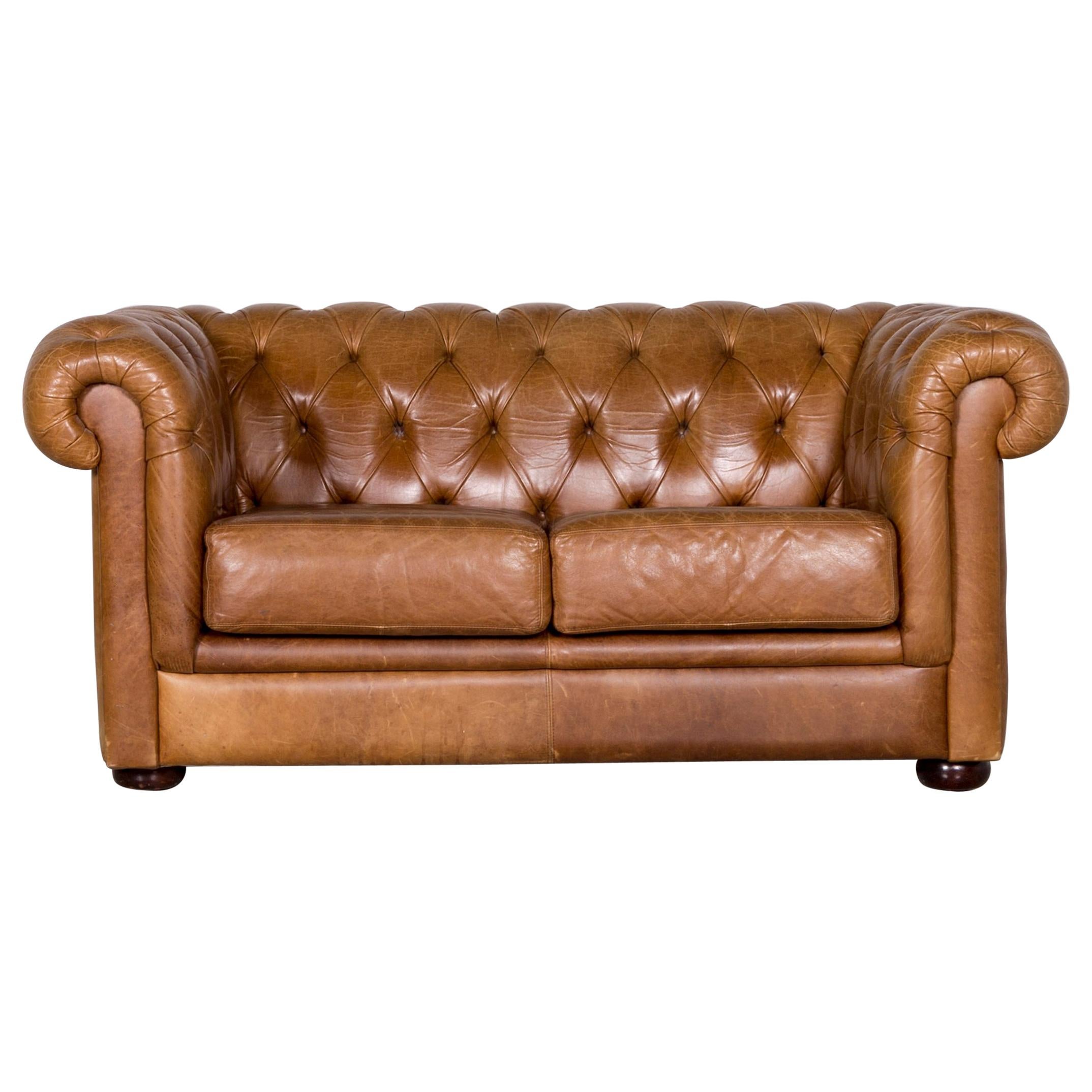 Chesterfield Leather Sofa Brown Vintage Two-Seat Couch For Sale