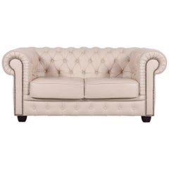 Chesterfield Leather Sofa Cream Beige Two-Seat Couch Genuine Leather Vintage