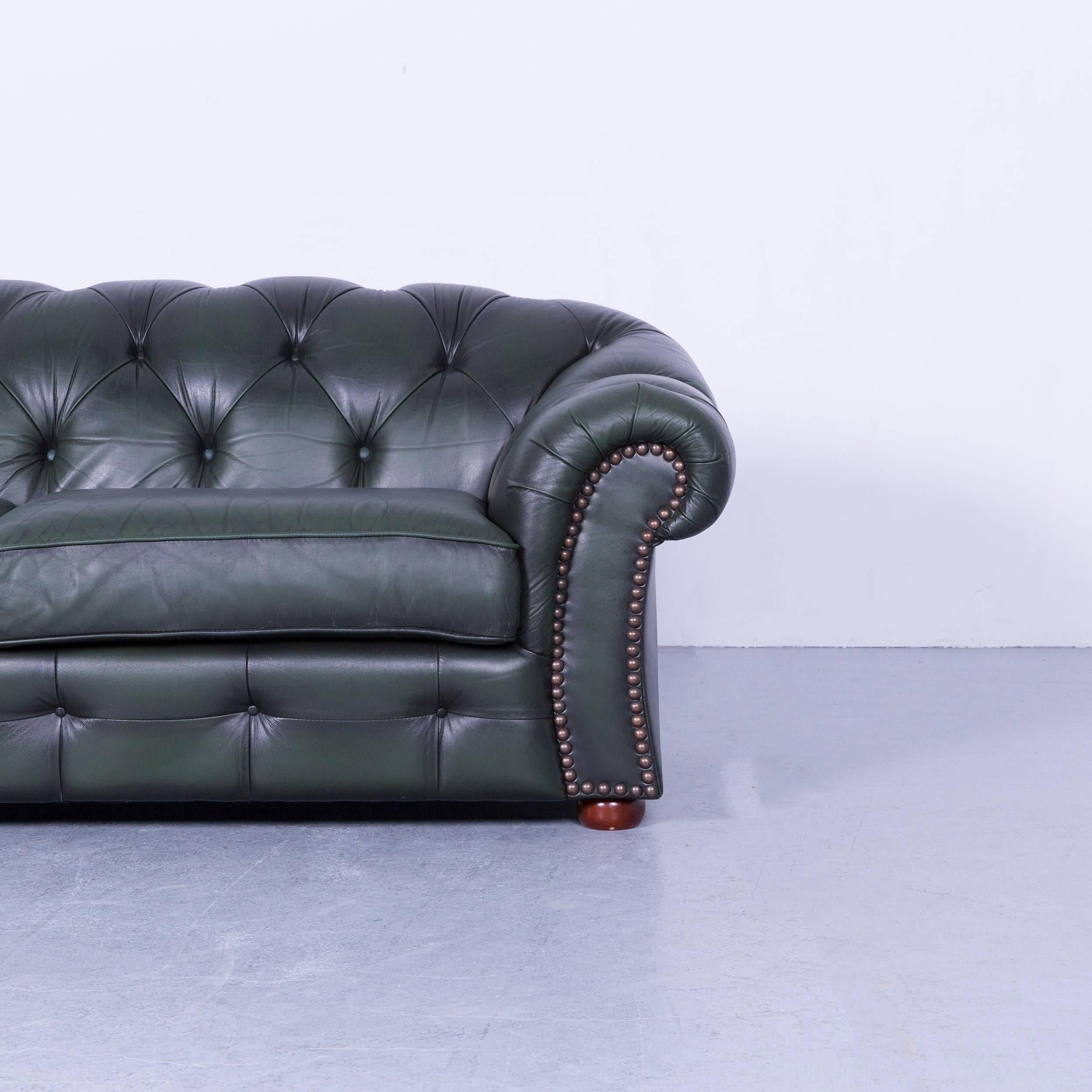 British Chesterfield Leather Sofa Green Three-Seat Couch