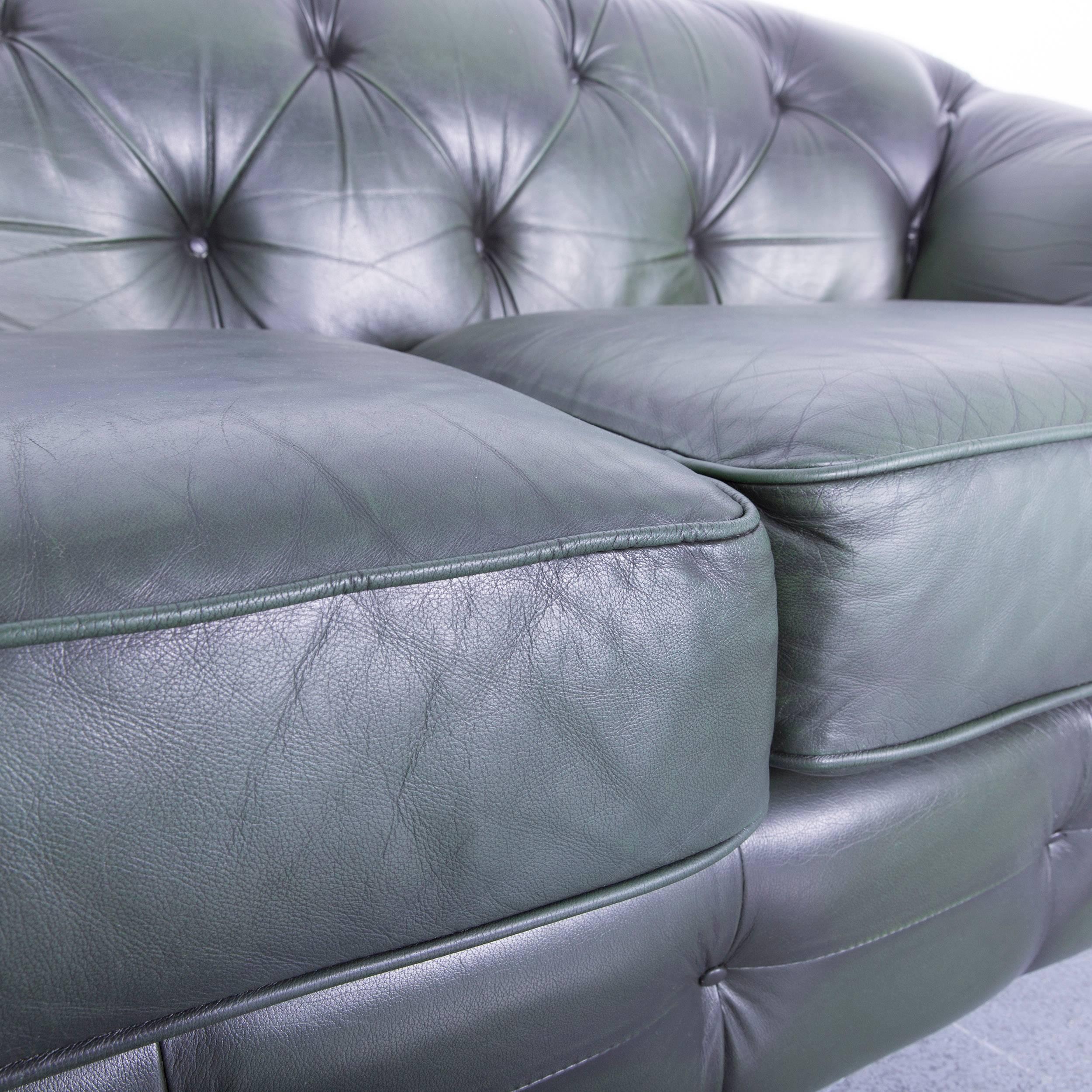 British Chesterfield Leather Sofa Green Two-Seat Couch For Sale