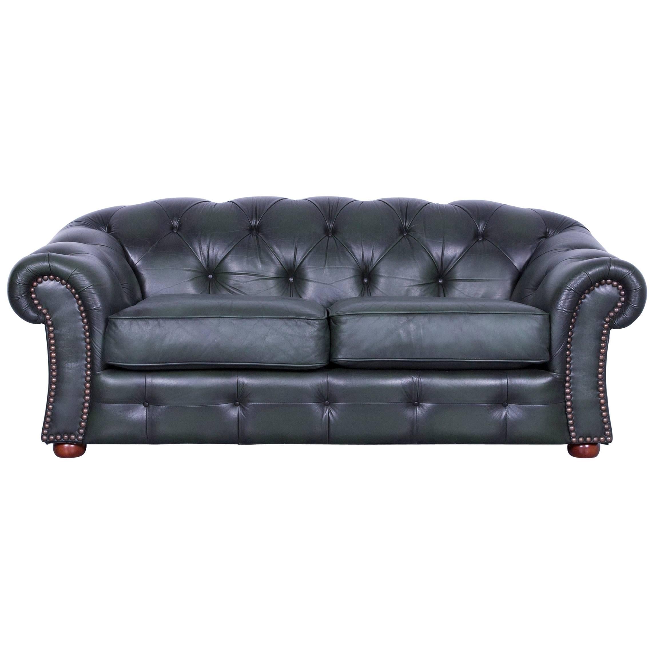 Chesterfield Leather Sofa Green Two-Seat Couch For Sale