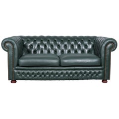 Chesterfield Leather Sofa Green Two-Seat Couch Vintage Retro