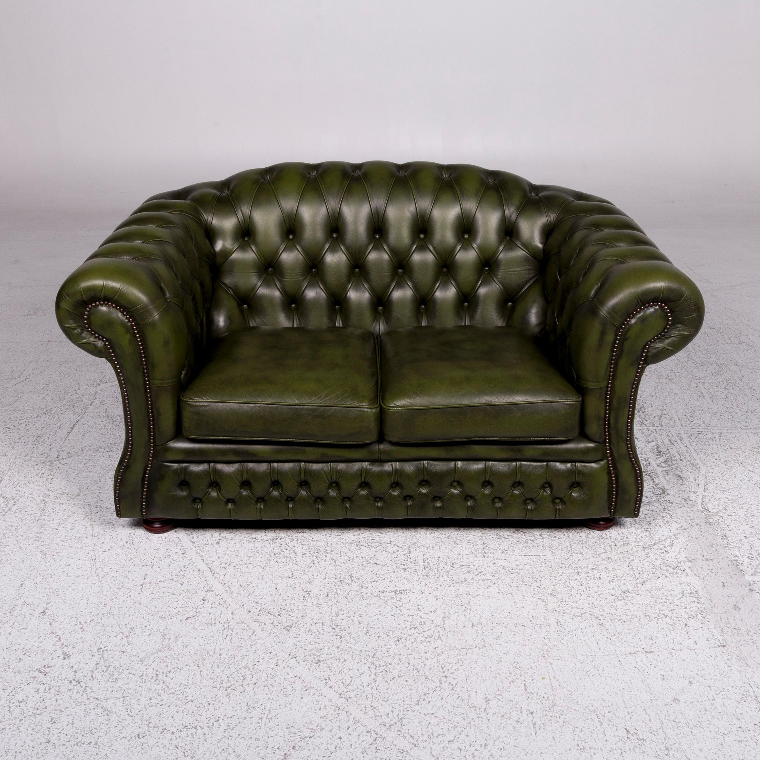 Contemporary Chesterfield Leather Sofa Green Two-Seater Retro Couch For Sale
