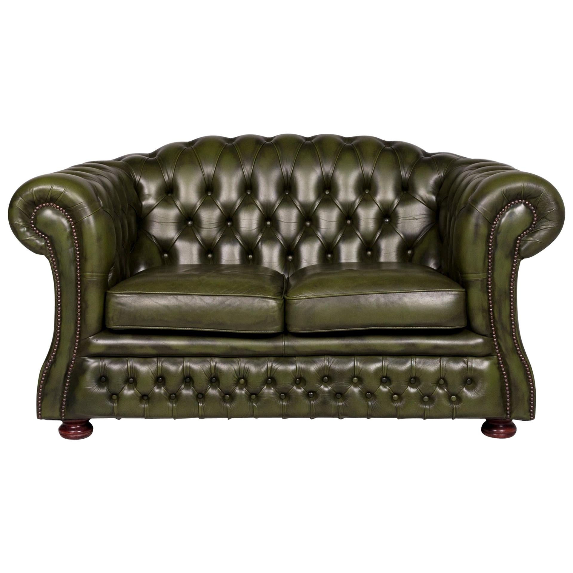 Chesterfield Leather Sofa Green Two-Seater Retro Couch For Sale