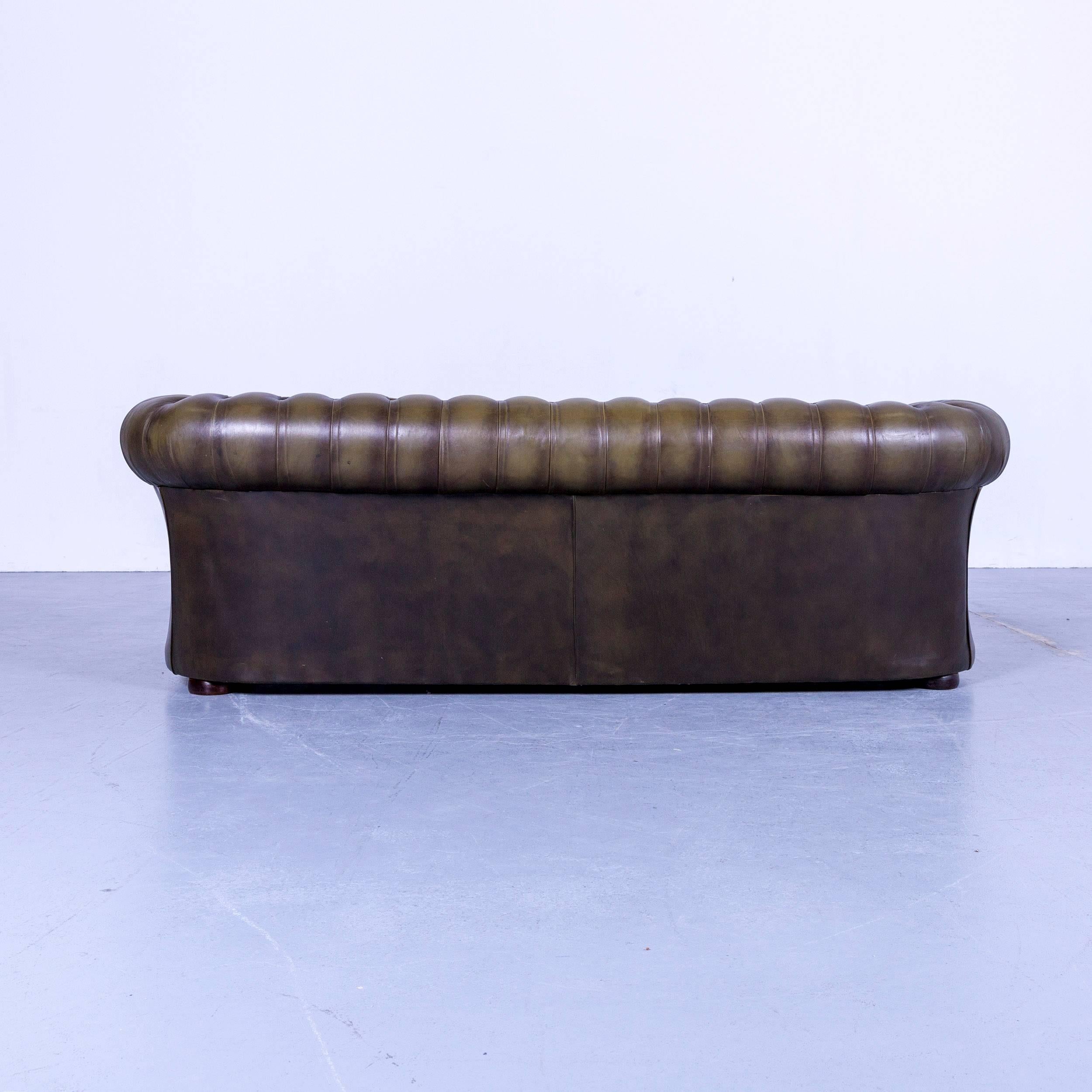 Chesterfield Leather Sofa Olive Green Couch Vintage Three-Seat 3