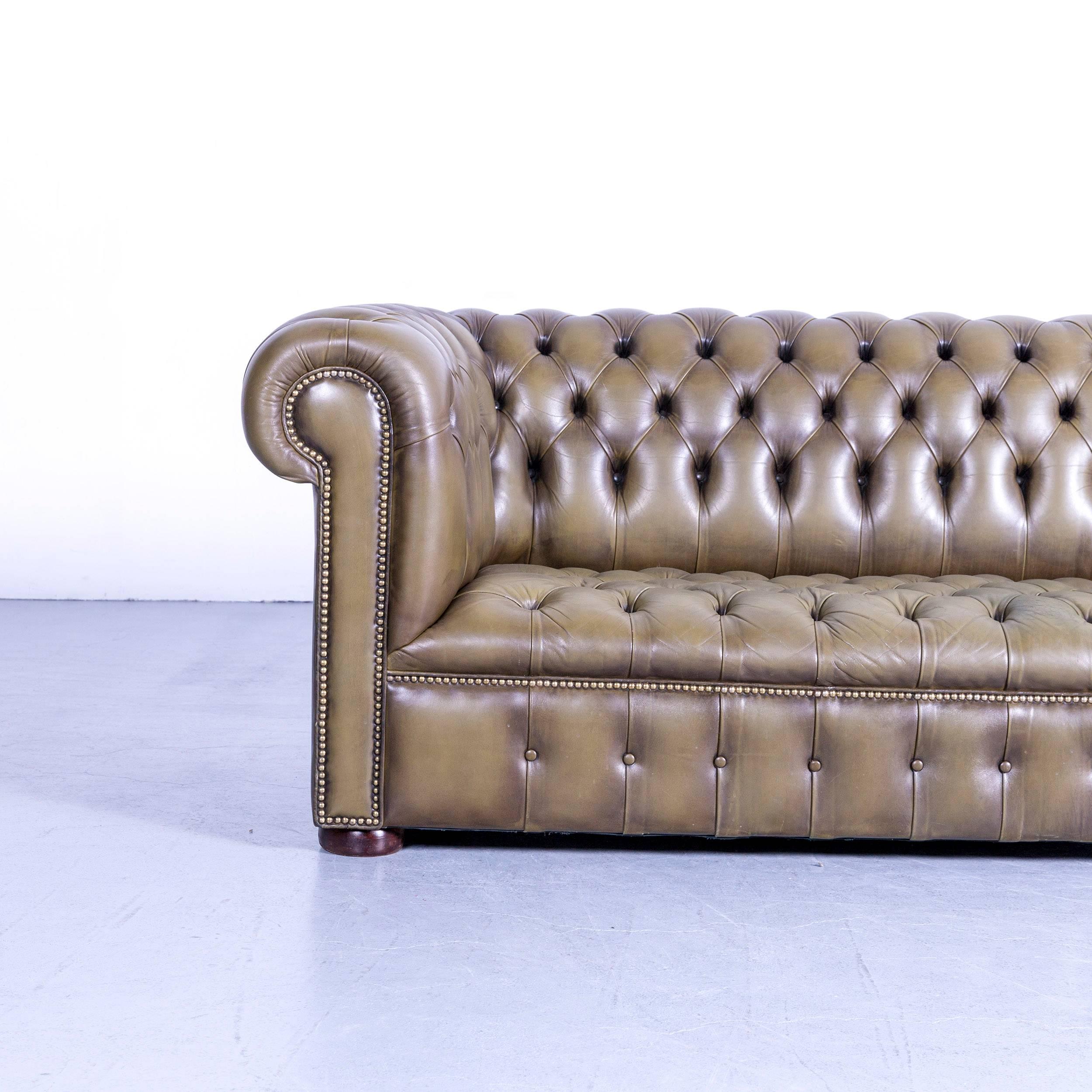 Chesterfield Leather Sofa Olive Green Couch Vintage Three-Seat In Good Condition In Cologne, DE