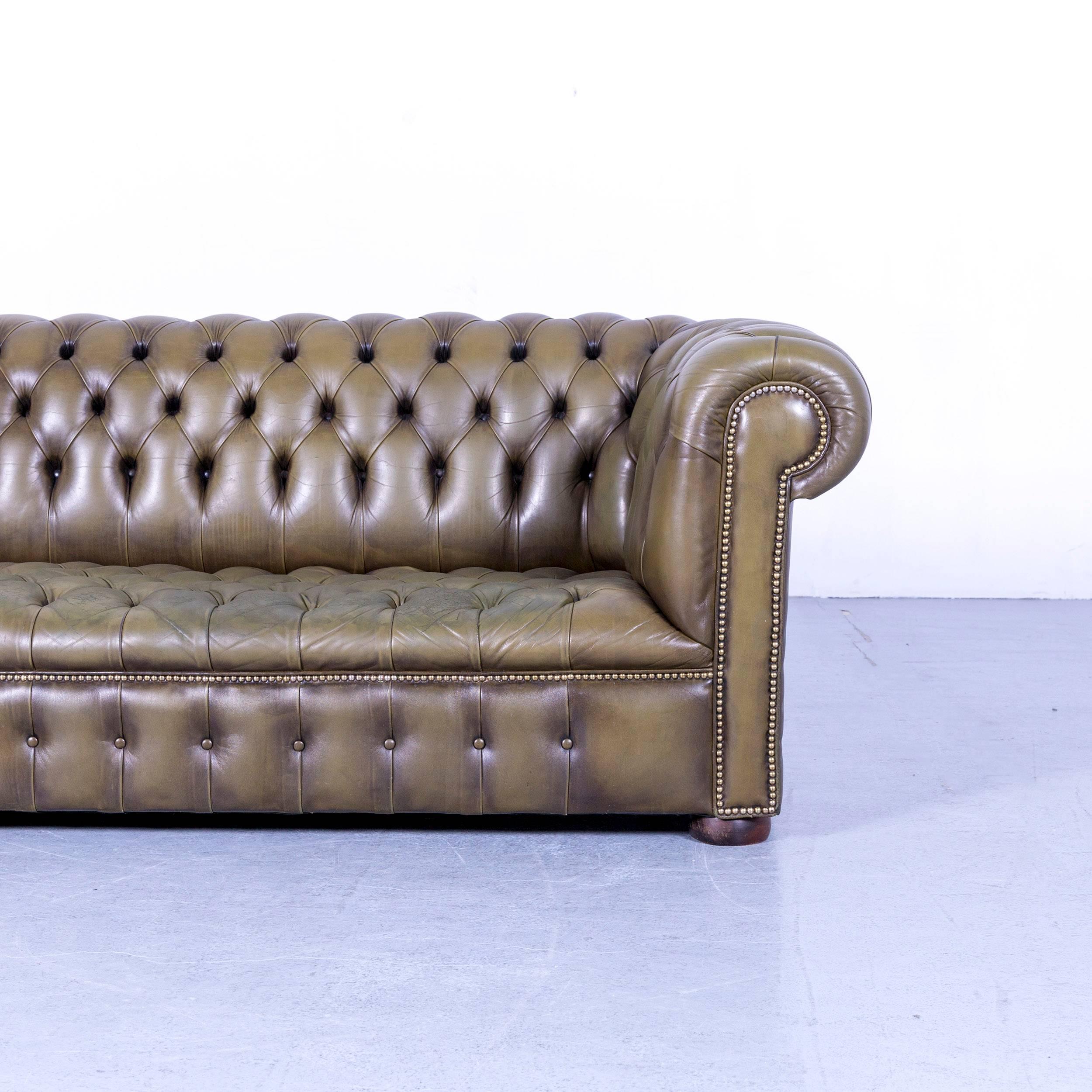 Contemporary Chesterfield Leather Sofa Olive Green Couch Vintage Three-Seat