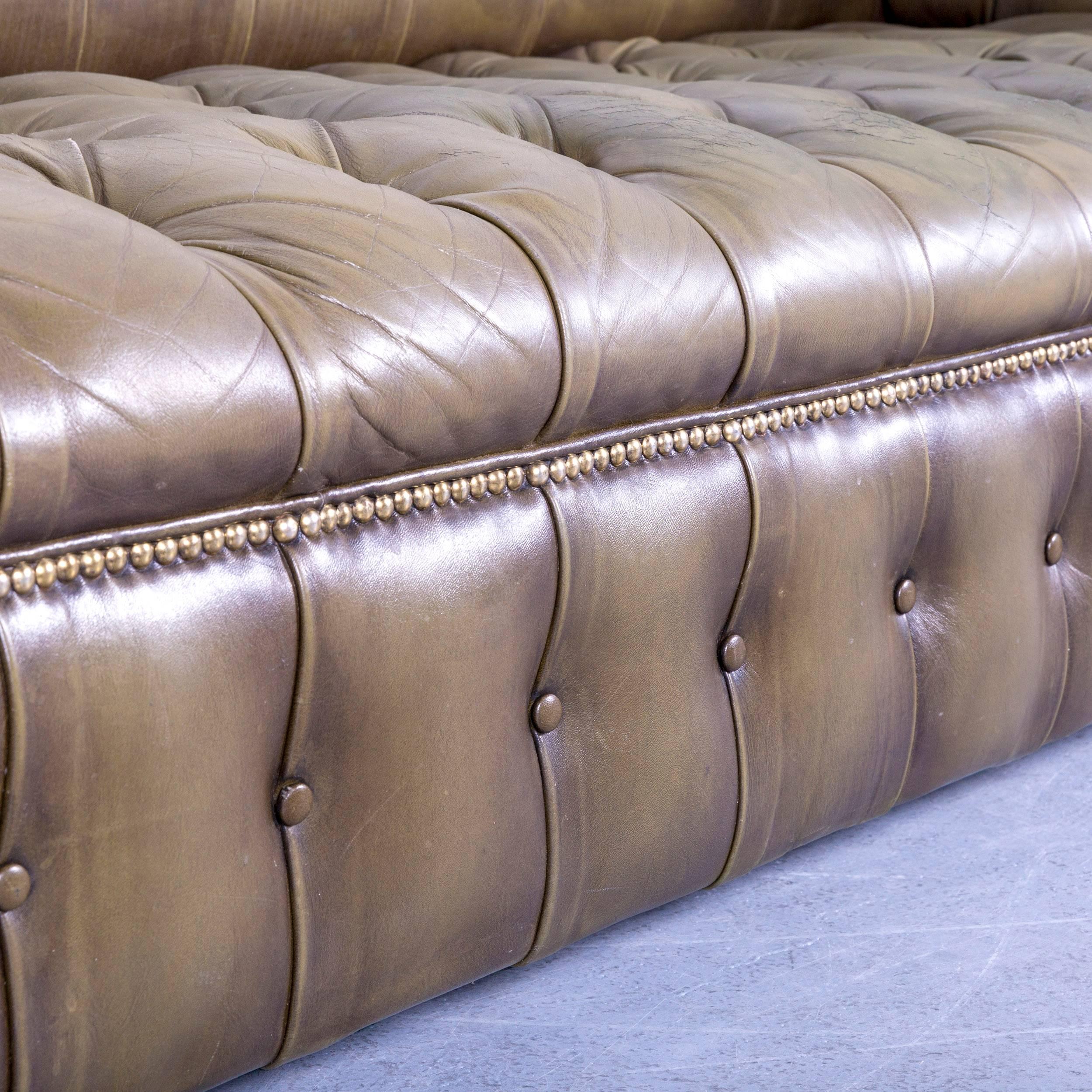 Chesterfield Leather Sofa Olive Green Couch Vintage Three-Seat 1