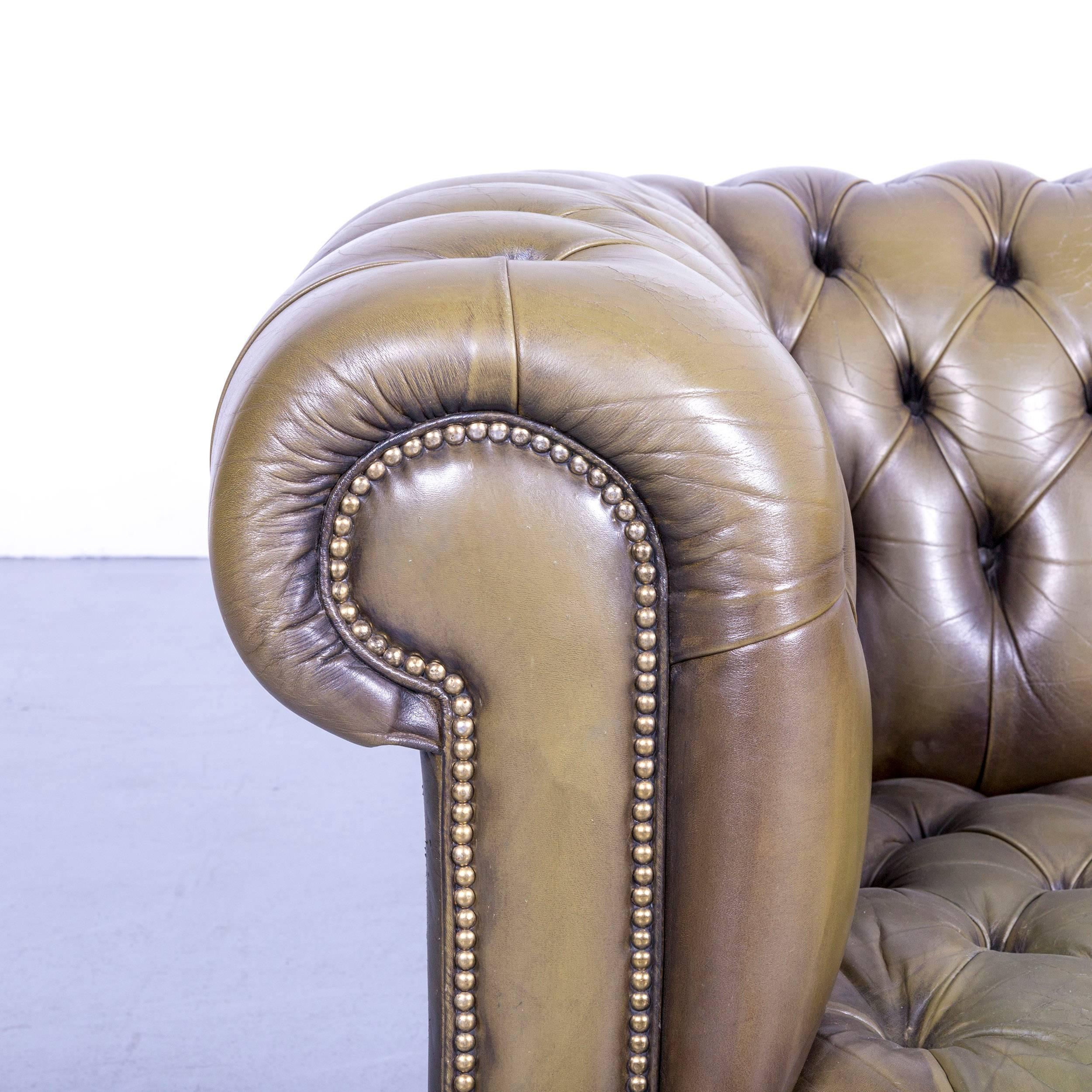 Chesterfield Leather Sofa Olive Green Couch Vintage Two-Seat In Good Condition In Cologne, DE