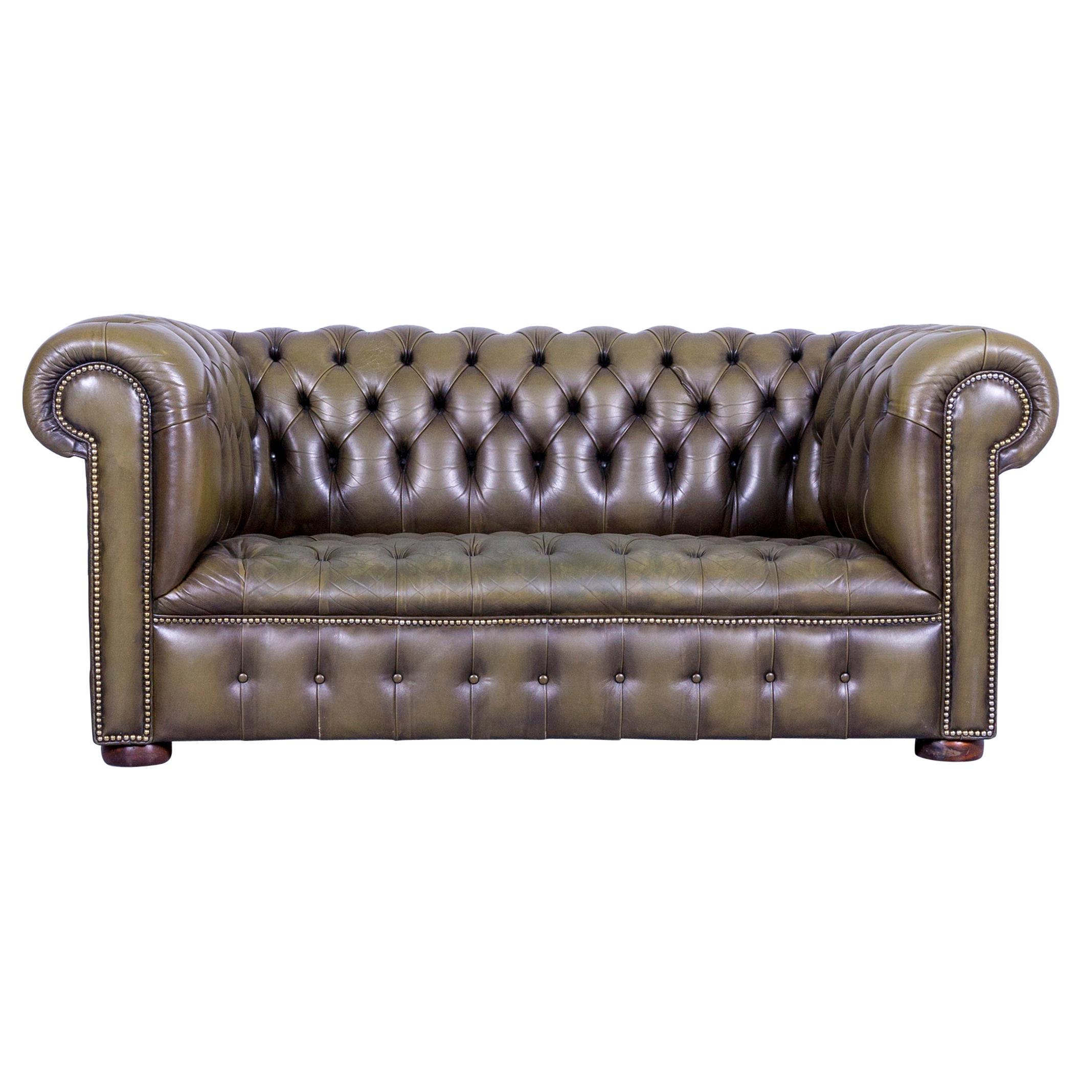 Chesterfield Leather Sofa Olive Green TwoSeat Couch Genuine Leather