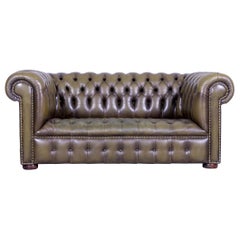 Chesterfield Leather Sofa Olive Green Two-Seat Couch Genuine Leather Vintage