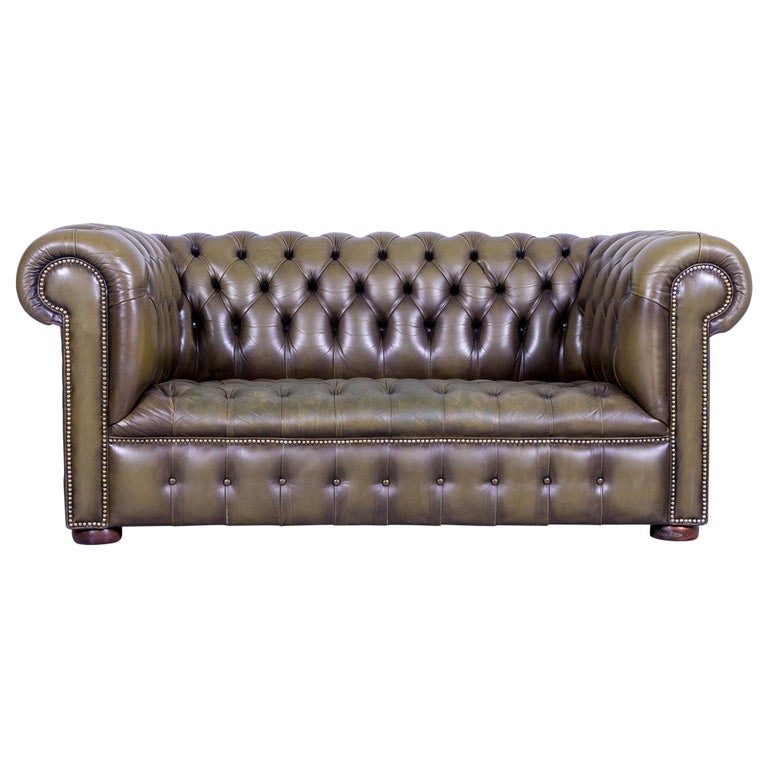 Chesterfield Leather Sofa Olive Green TwoSeat Couch Genuine Leather