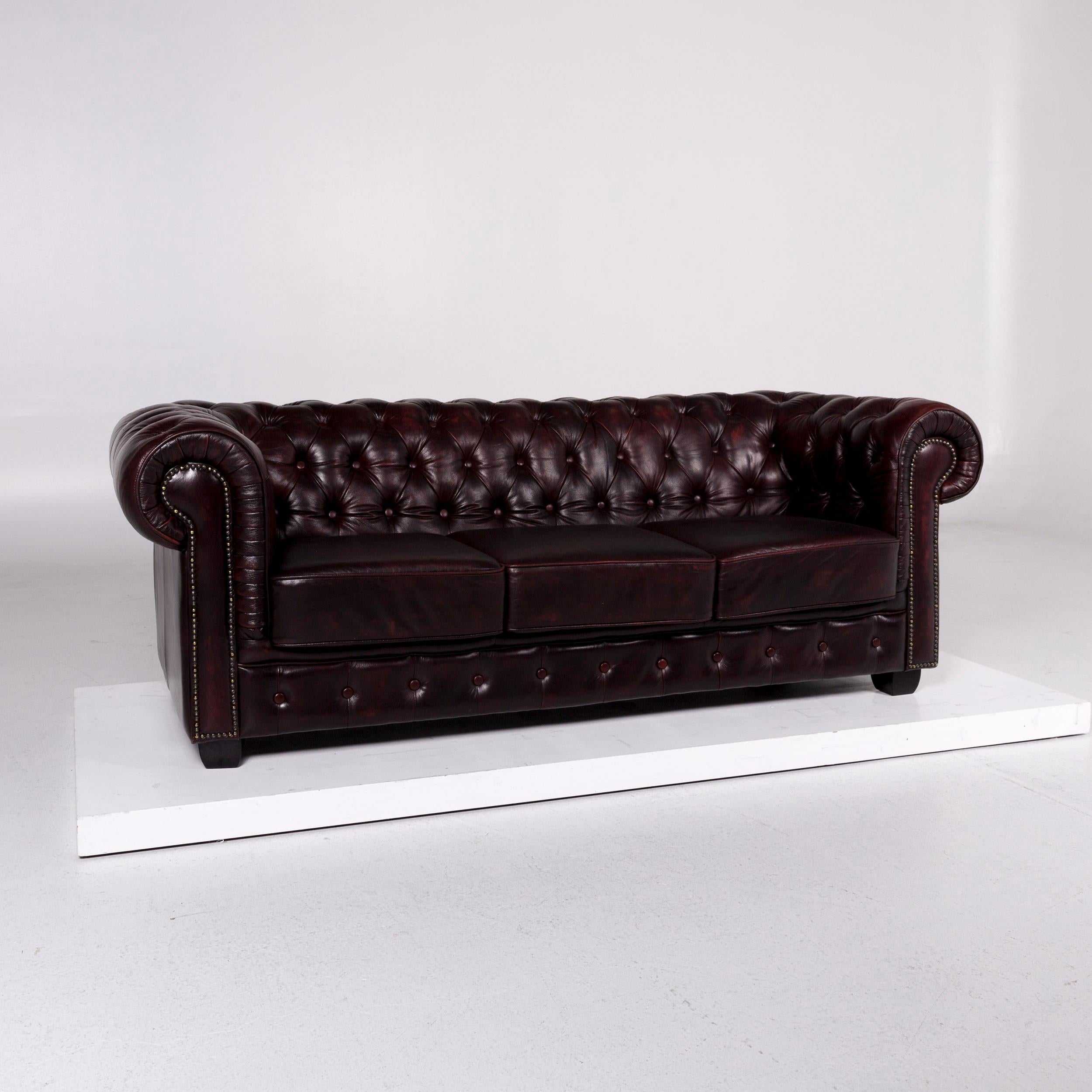 We bring to you a Chesterfield leather sofa red brown three-seat retro couch.
 
 Product measurements in centimeters:
 
Depth 97
Width 217
Height 78
Seat-height 46
Rest-height 77
Seat-depth 56
Seat-width 154
Back-height 32.
 