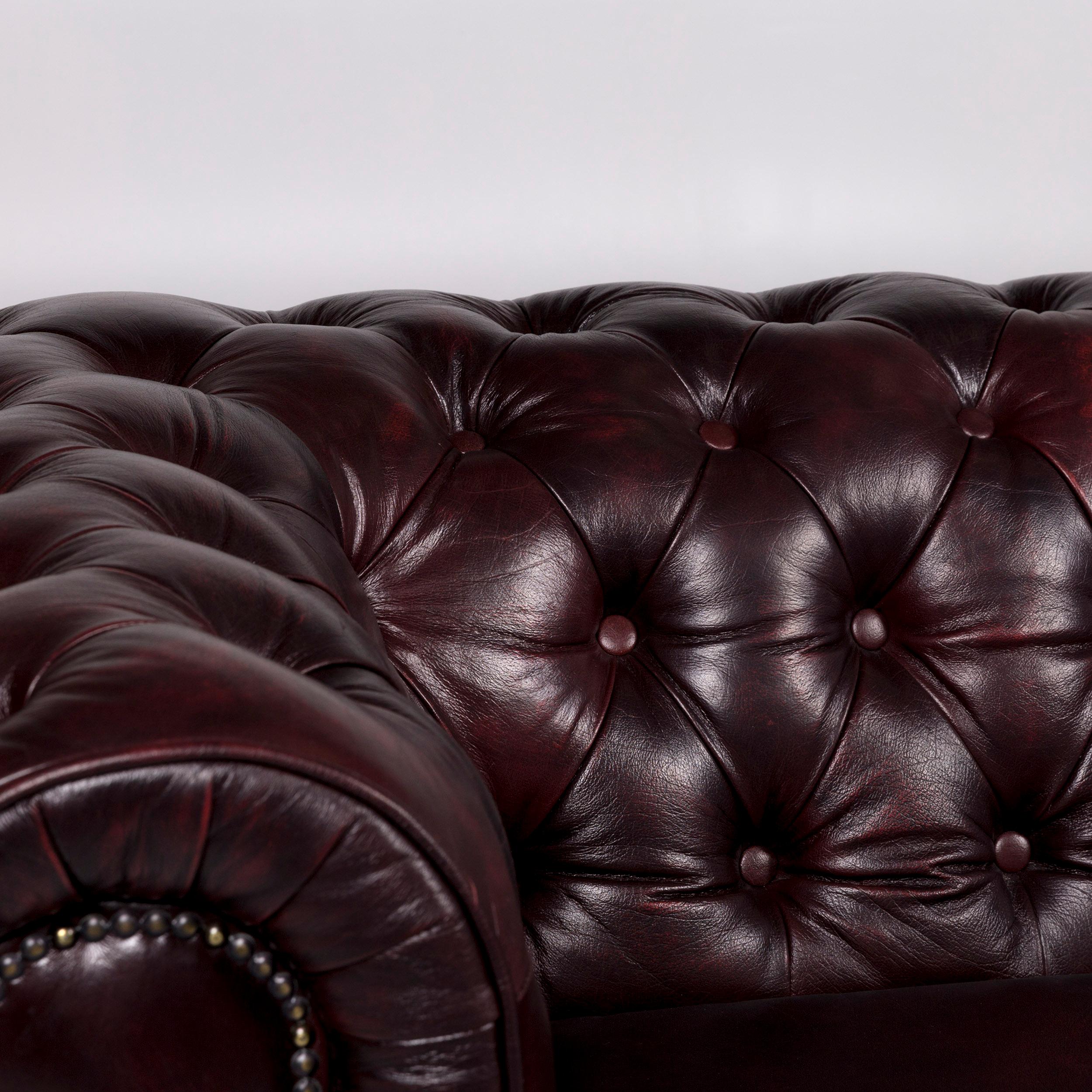 British Chesterfield Leather Sofa Red Brown Three-Seat Retro Couch