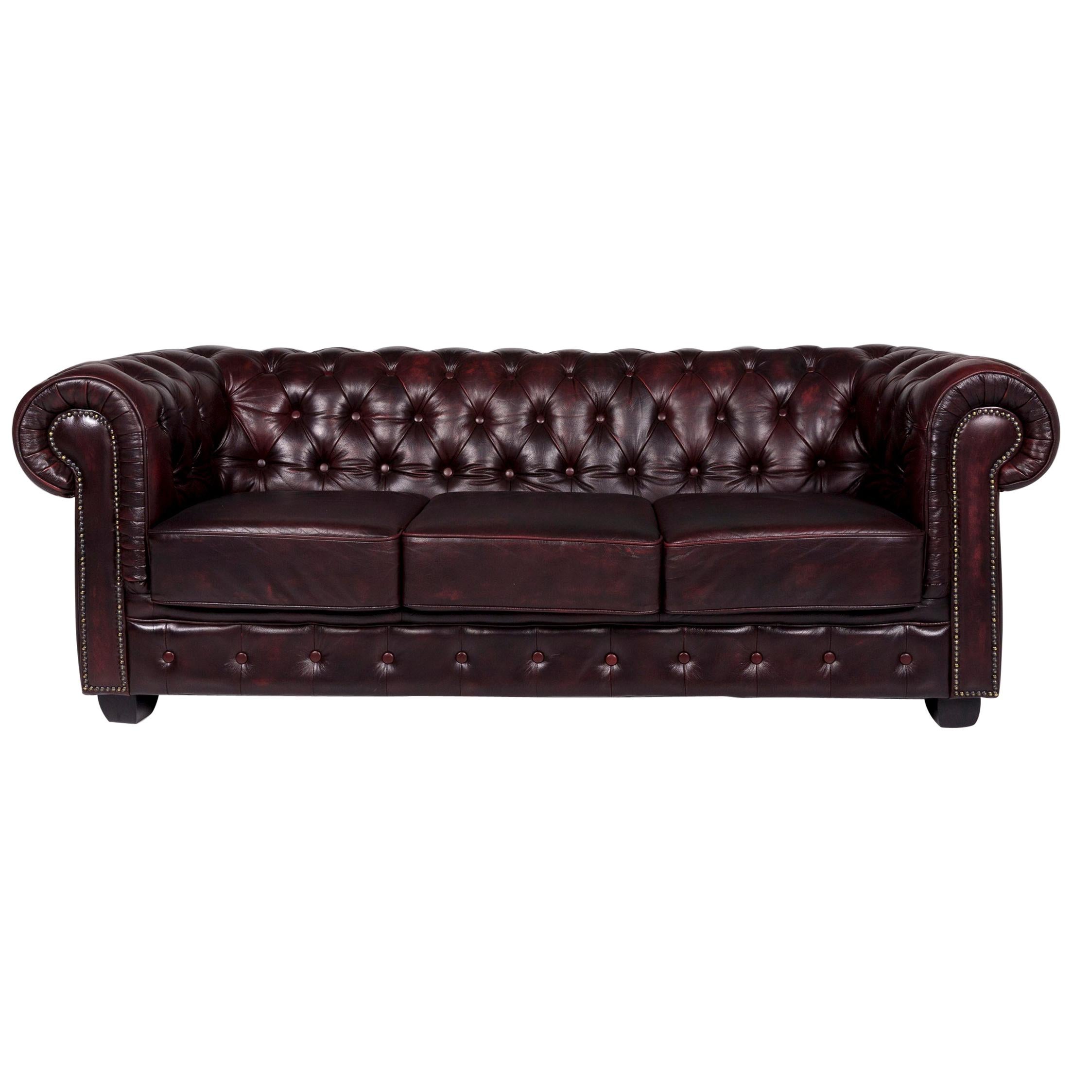 Chesterfield Leather Sofa Red Brown Three-Seat Retro Couch