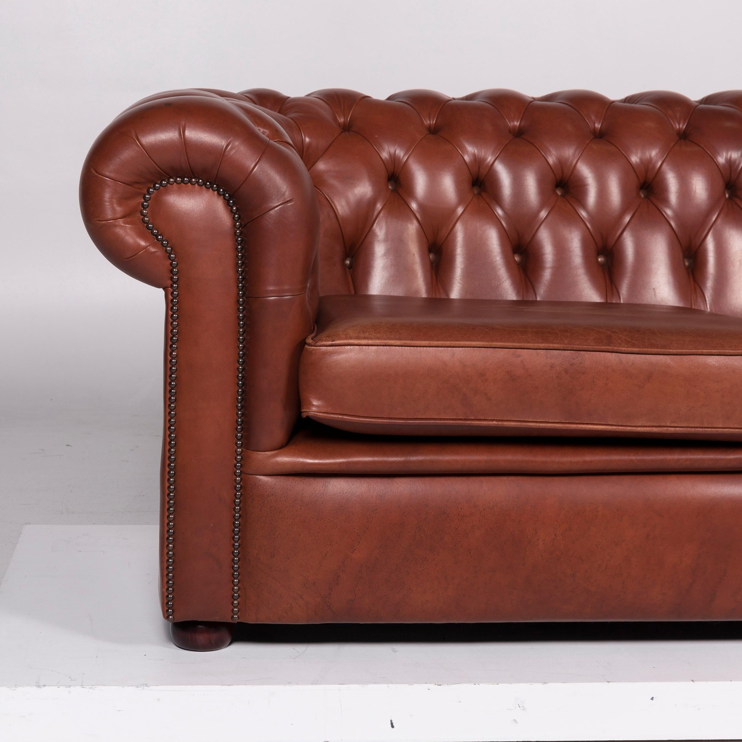 British Chesterfield Leather Sofa Red Brown Three-Seat Couch Retro