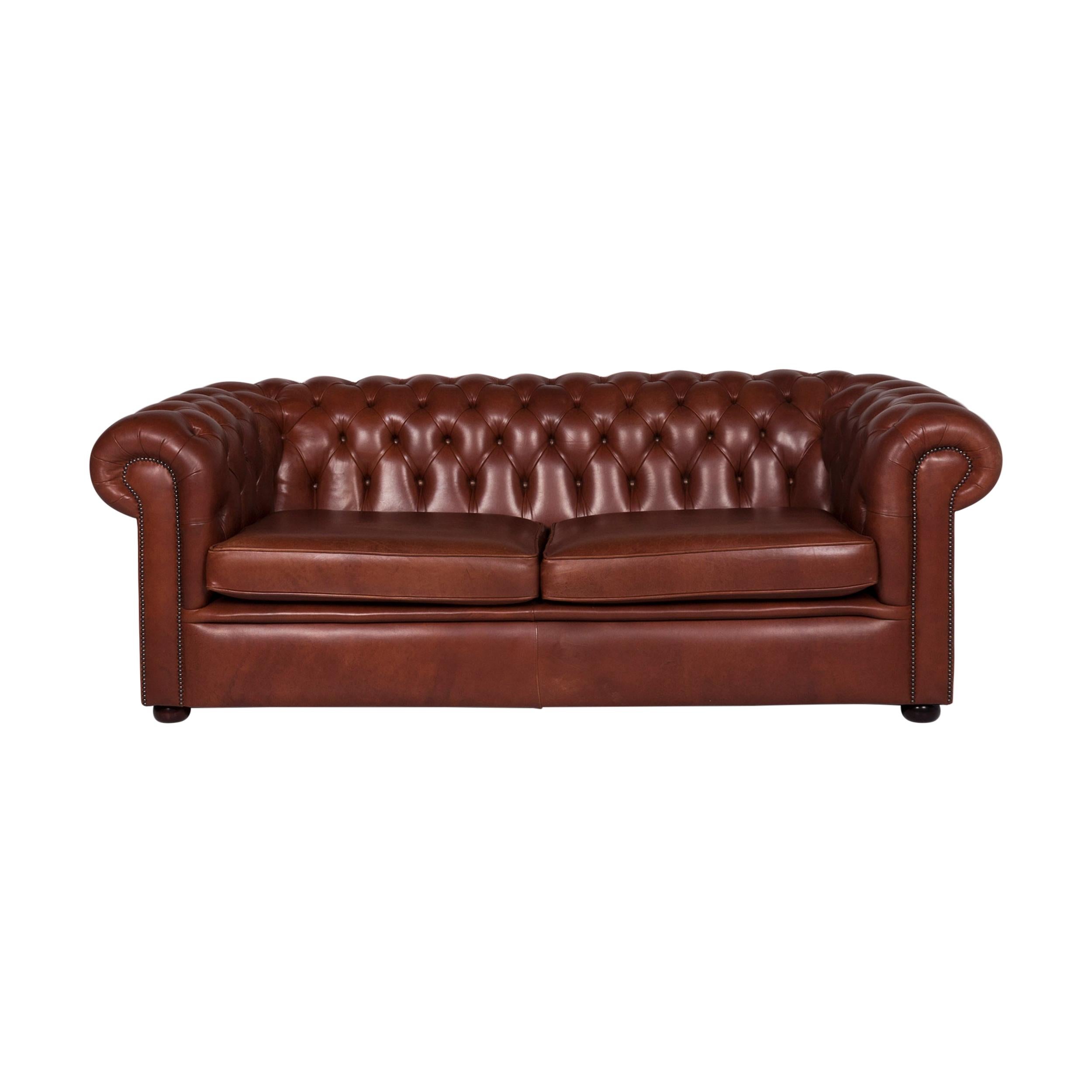 Chesterfield Leather Sofa Red Brown Three-Seat Couch Retro