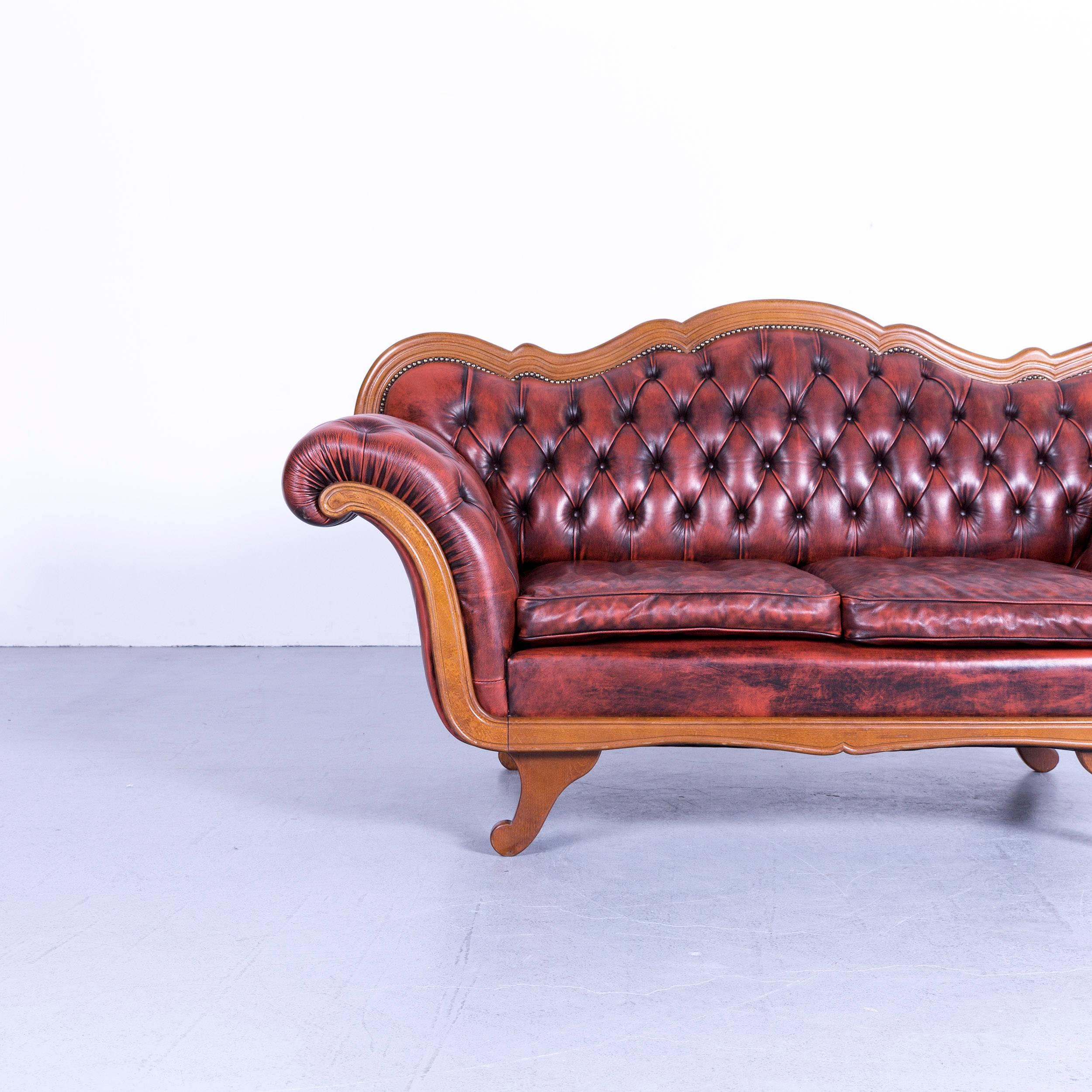 British Chesterfield Leather Sofa Red Brown Three-Seat Couch Vintage