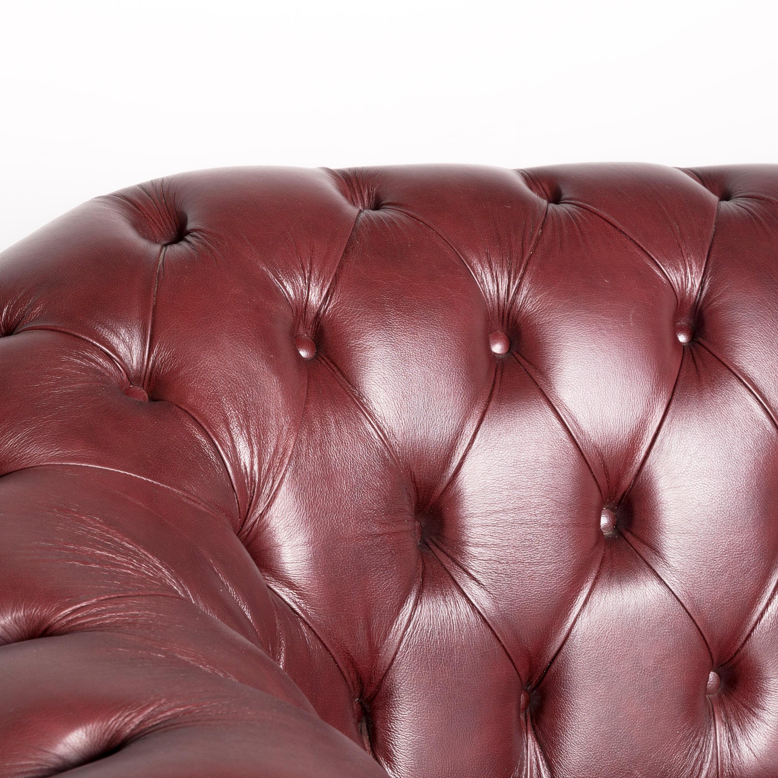 British Chesterfield Leather Sofa Red Genuine Leather Three-Seater Couch Vintage Retro For Sale