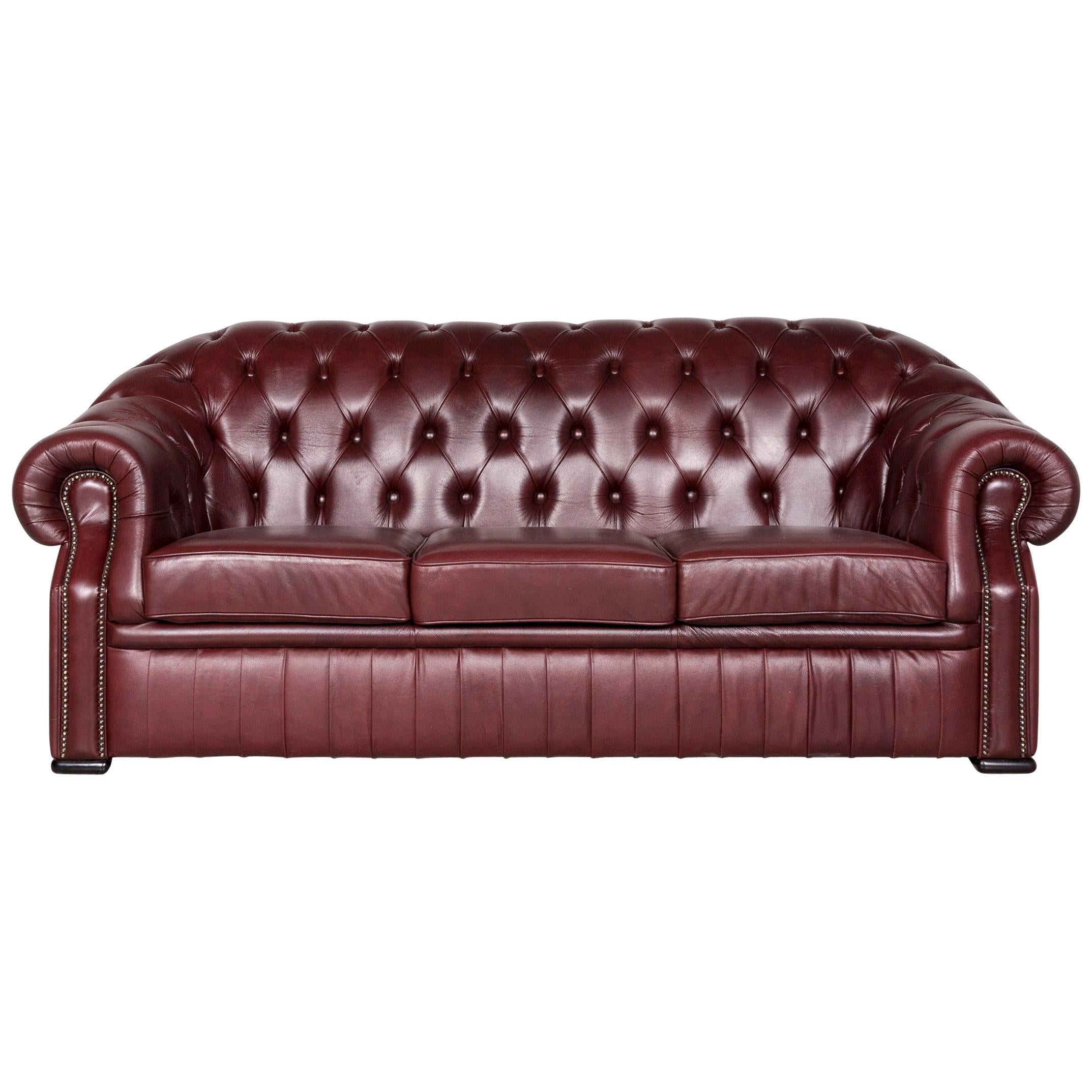 Chesterfield Leather Sofa Red Genuine Leather Three-Seater Couch Vintage Retro For Sale