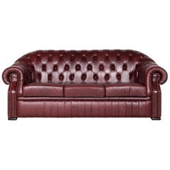 Chesterfield Leather Sofa Red Genuine Leather Three-Seater Couch Vintage Retro