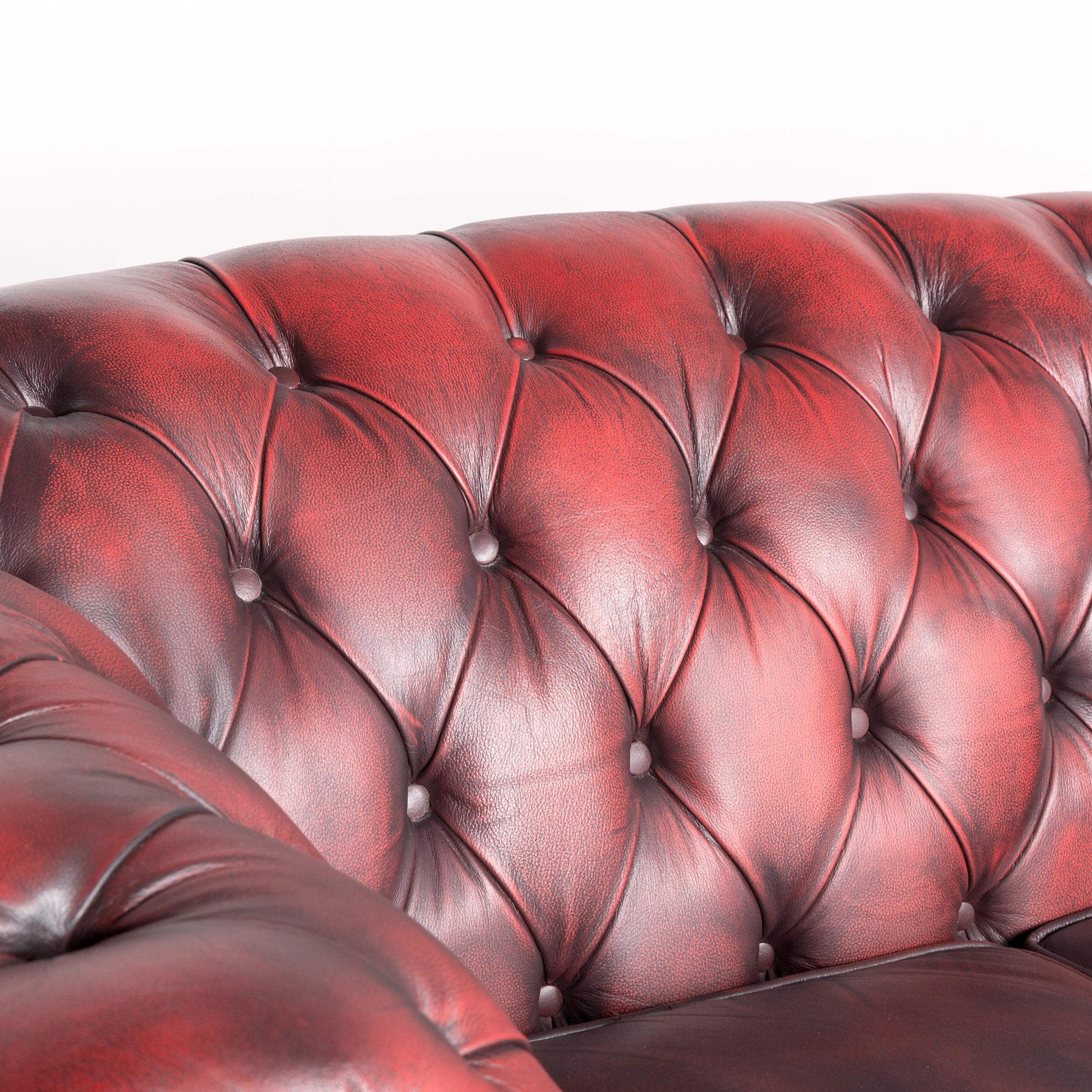 British Chesterfield Leather Sofa Red Real Leather Two Seater Couch Vintage Retro For Sale