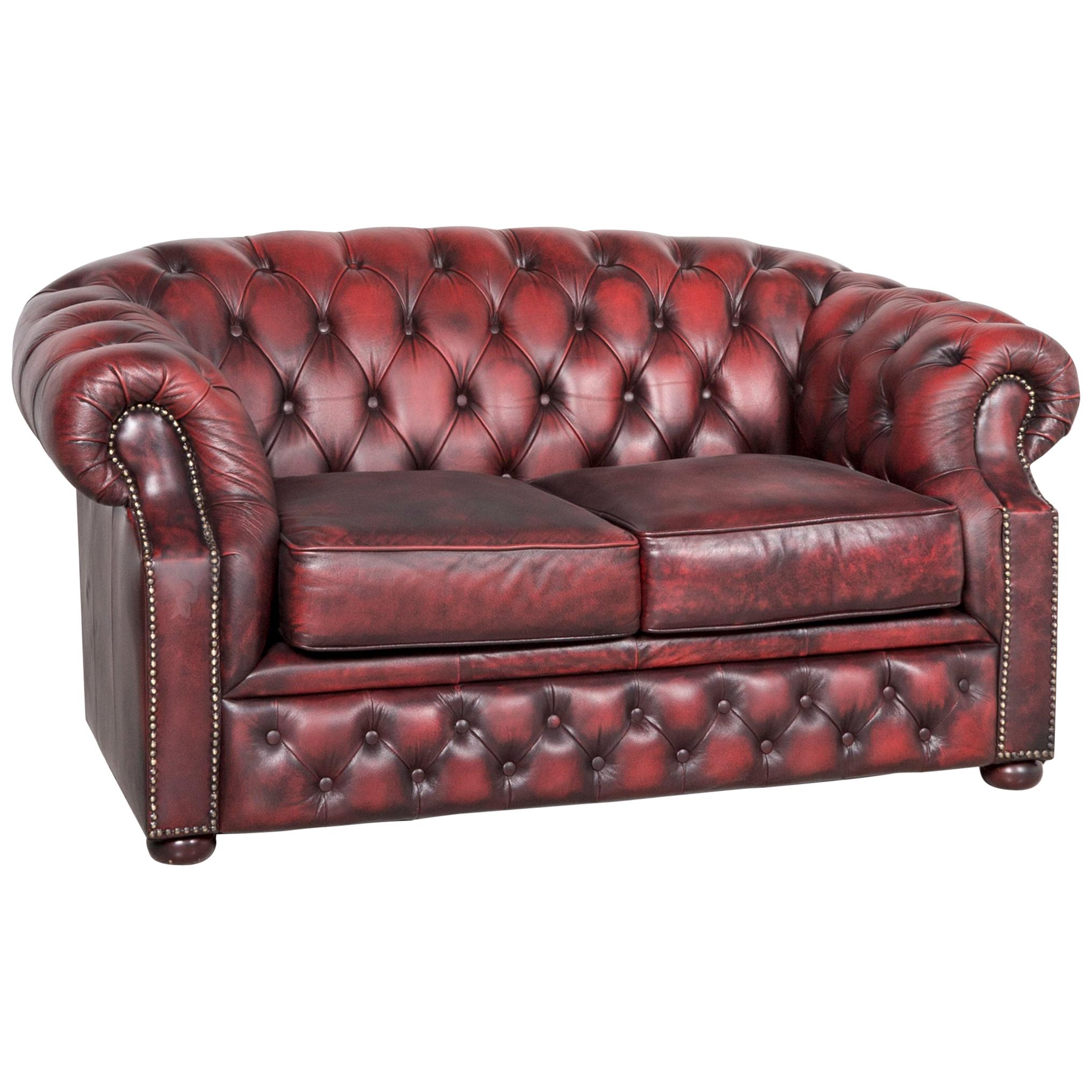 Chesterfield Leather Sofa Red Real Leather Two Seater Couch Vintage Retro For Sale