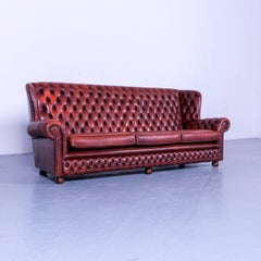 Chesterfield Leather Sofa Red Three-Seat Couch