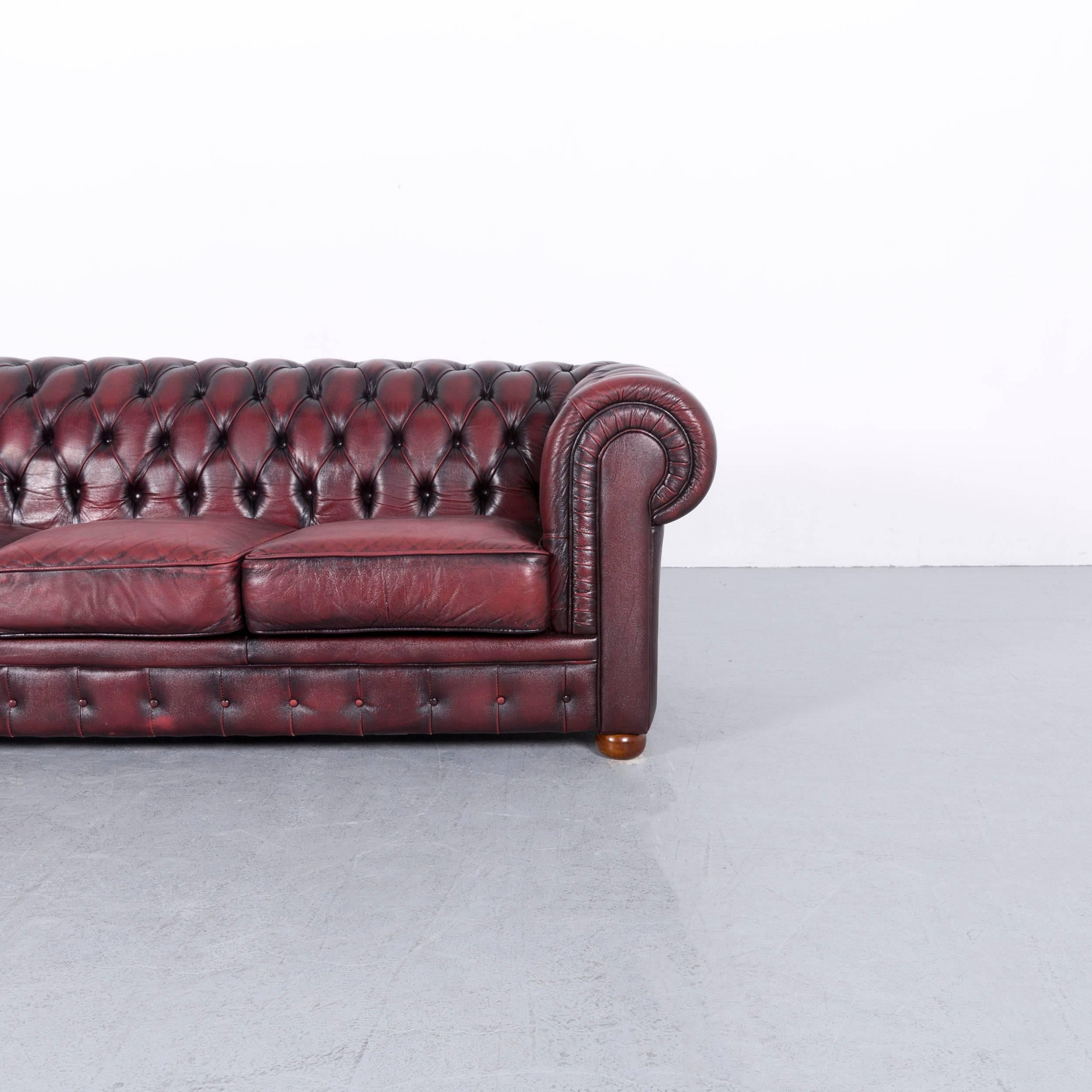 British Chesterfield Leather Sofa Red Three-Seat Couch