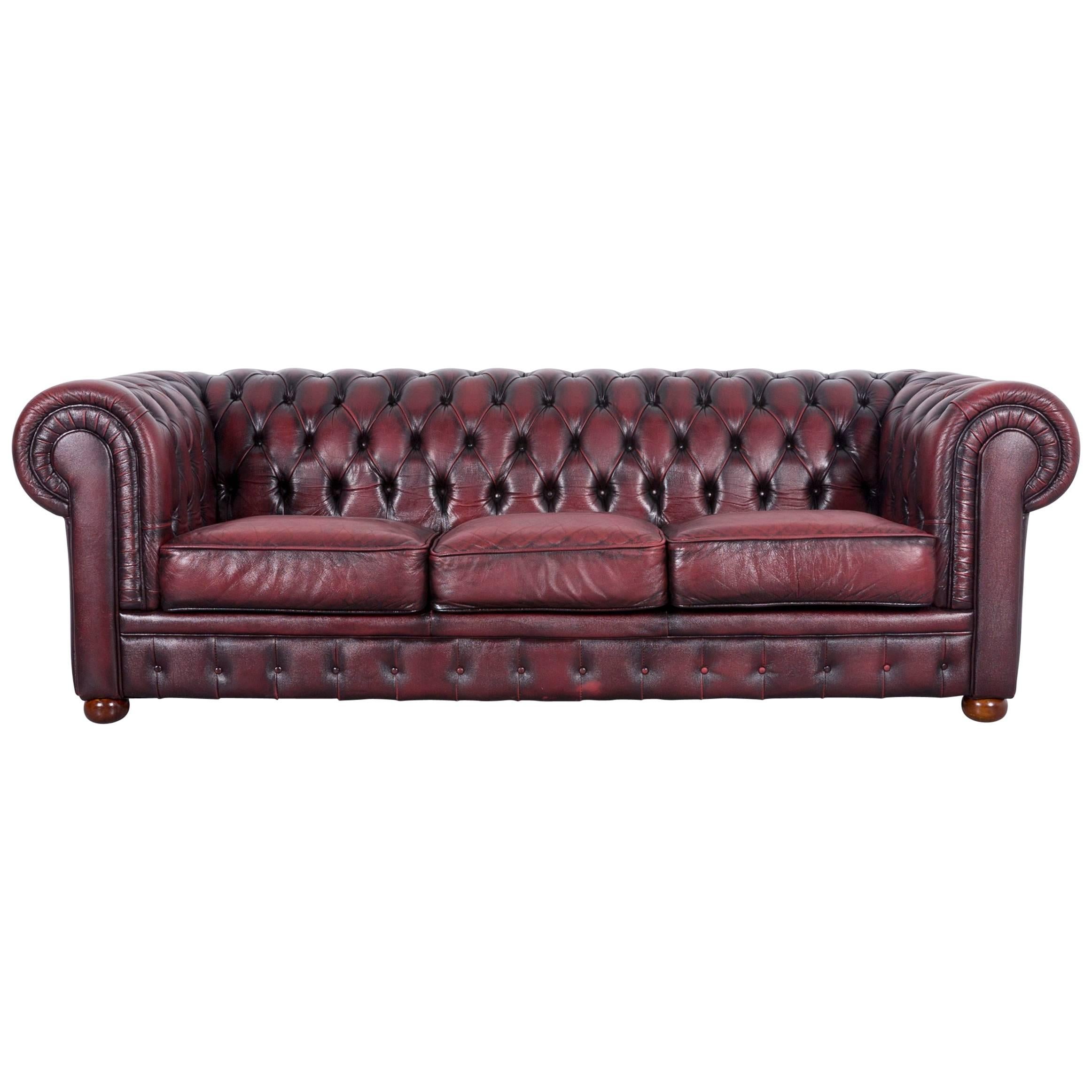 Chesterfield Leather Sofa Red Three-Seat Couch