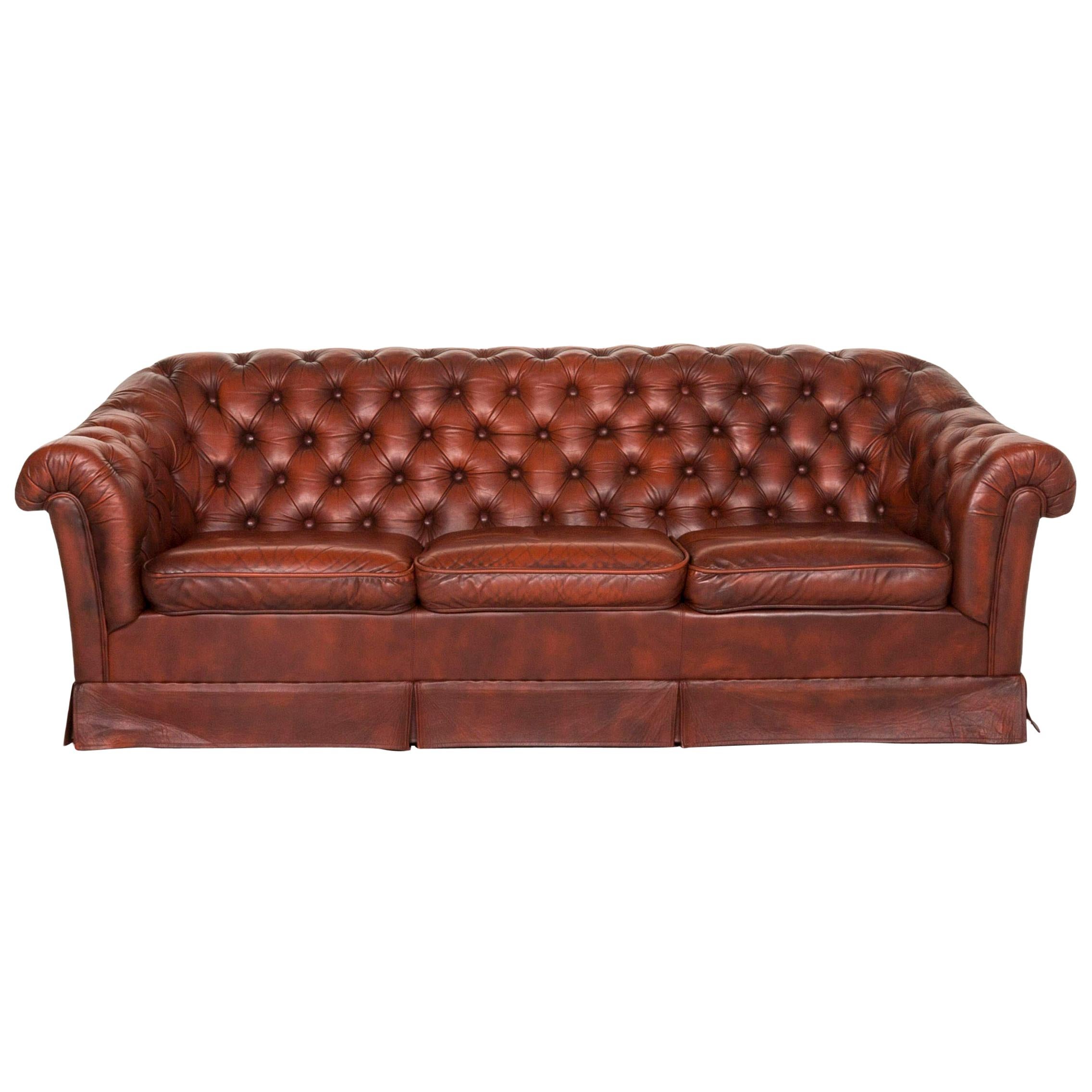 Chesterfield Leather Sofa Red Three-Seat Retro Vintage Couch For Sale