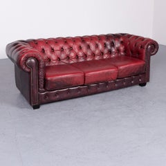 Chesterfield Leather Sofa Red Three-Seat Vintage Couch
