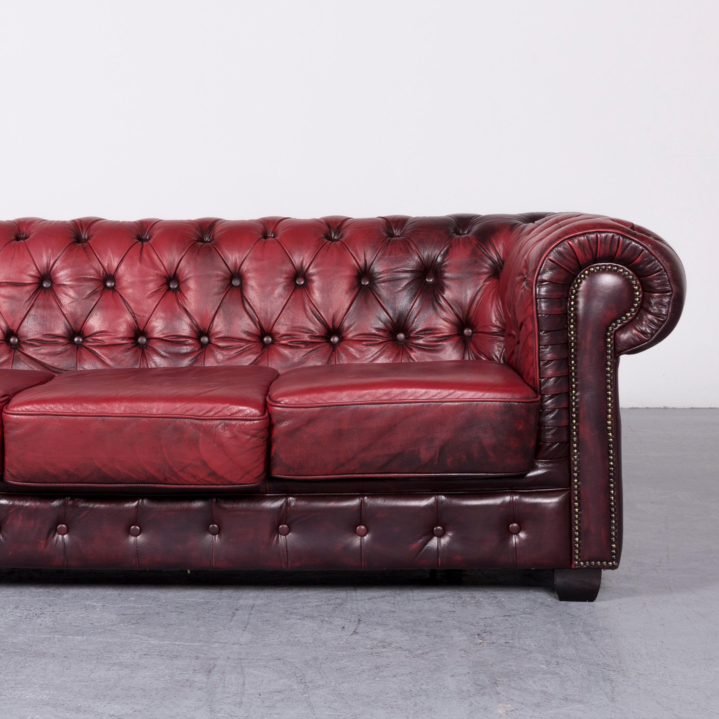 British Chesterfield Leather Sofa Red Three-Seat Vintage Couch