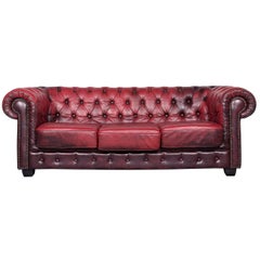 Chesterfield Leather Sofa Red Three-Seat Vintage Couch