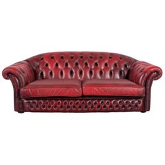 Chesterfield Leather Sofa Red Three-Seat Vintage Retro