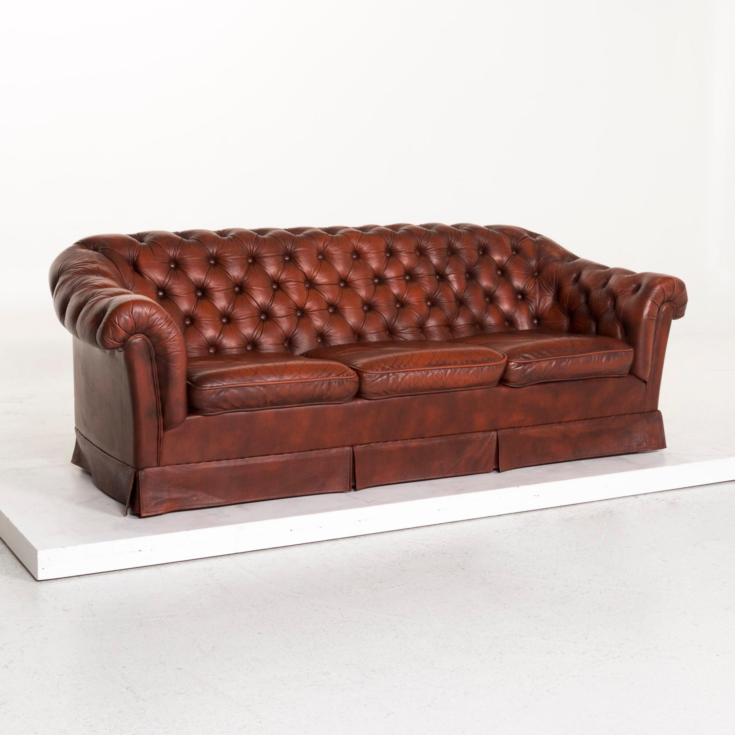 British Chesterfield Leather Sofa Red Three-Seat Retro Vintage Couch For Sale