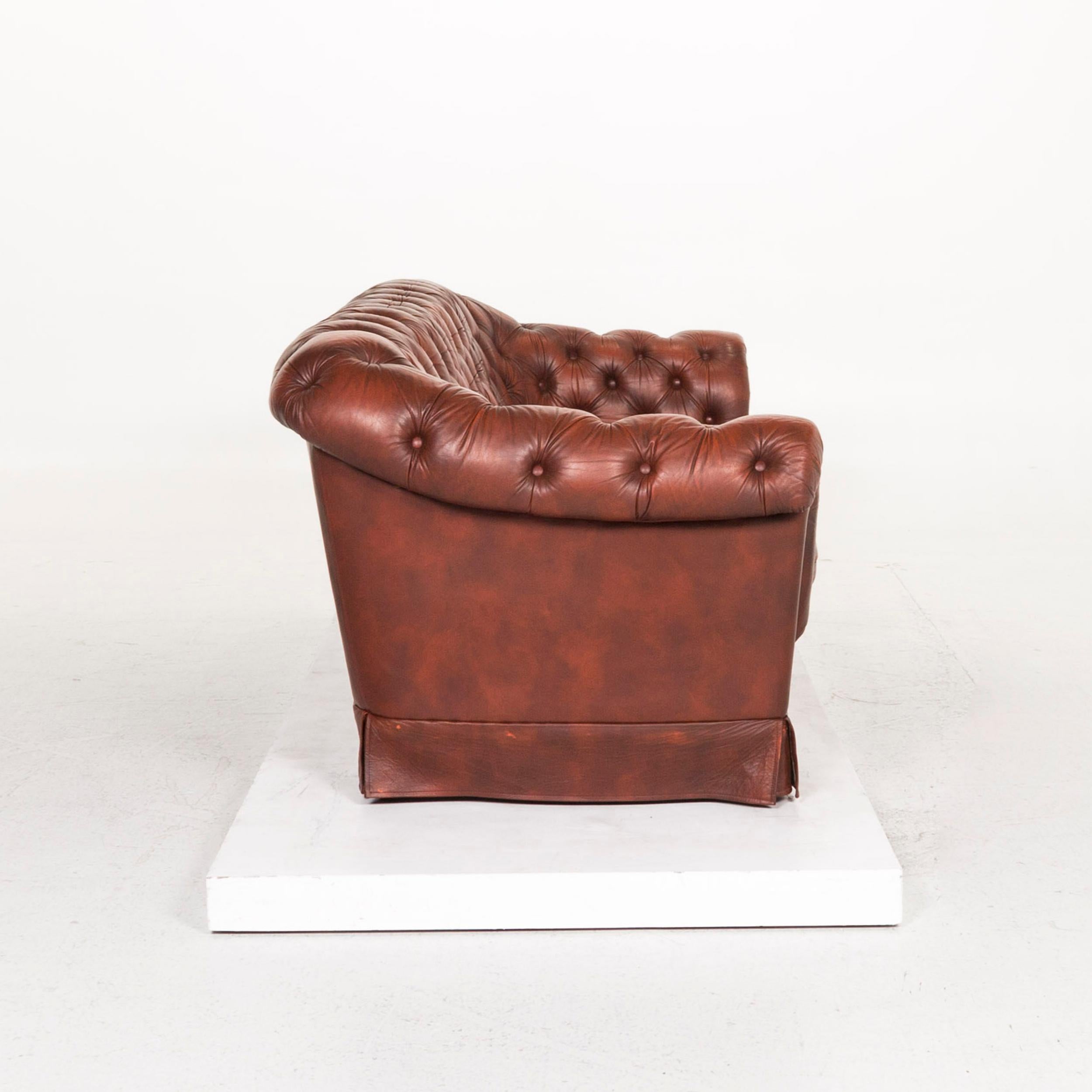 British Chesterfield Leather Sofa Red Three-Seat Retro Vintage Couch For Sale