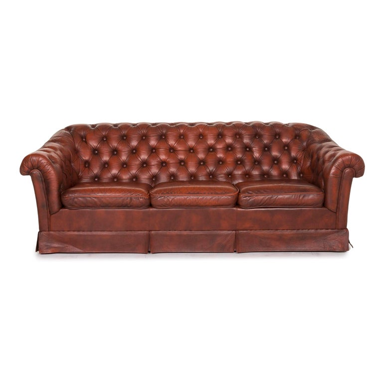 Chesterfield Leather Sofa Red Three Seat Retro Vintage Couch For Chesterfield Leather Sofa Red Three